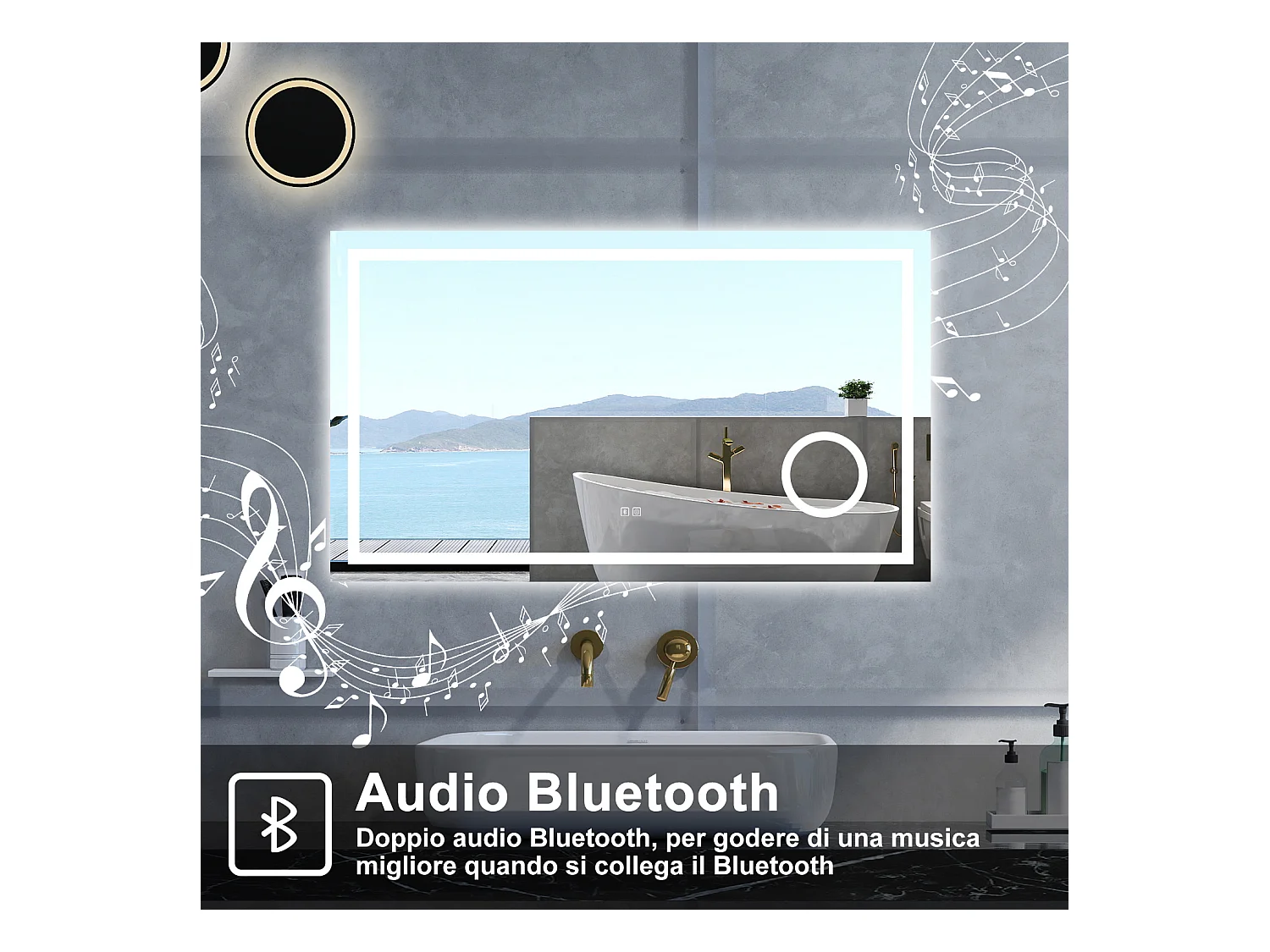 Specchio da bagno Rettangolare con 80x60cm,ingranditore 3x,Blue tooth,3 colori,Memoria, Antifog,Regorabile,Retroilluminato,doppio interruttore,