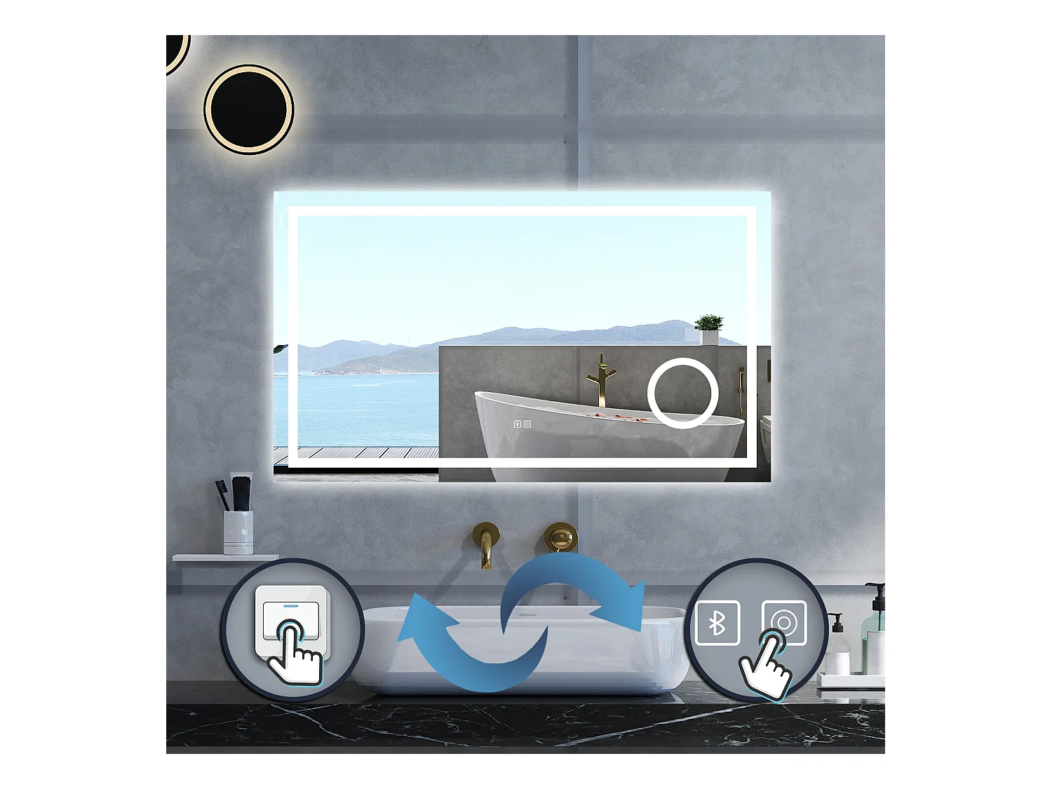 Specchio da bagno Rettangolare con 80x60cm,ingranditore 3x,Blue tooth,3 colori,Memoria, Antifog,Regorabile,Retroilluminato,doppio interruttore,