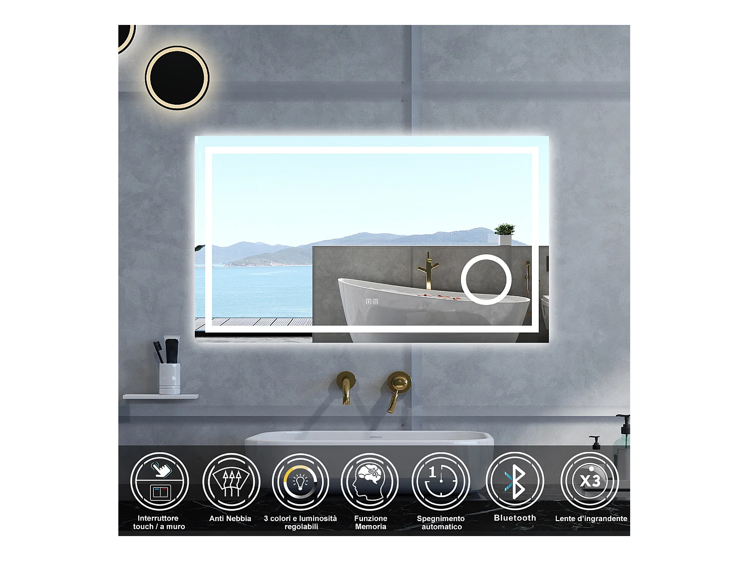 Specchio da bagno Rettangolare con 80x60cm,ingranditore 3x,Blue tooth,3 colori,Memoria, Antifog,Regorabile,Retroilluminato,doppio interruttore,