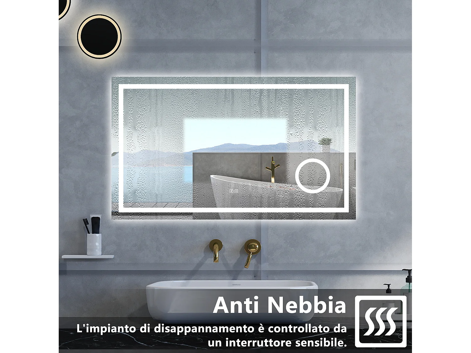 Specchio da bagno Rettangolare con 80x60cm,ingranditore 3x,Blue tooth,3 colori,Memoria, Antifog,Regorabile,Retroilluminato,doppio interruttore,