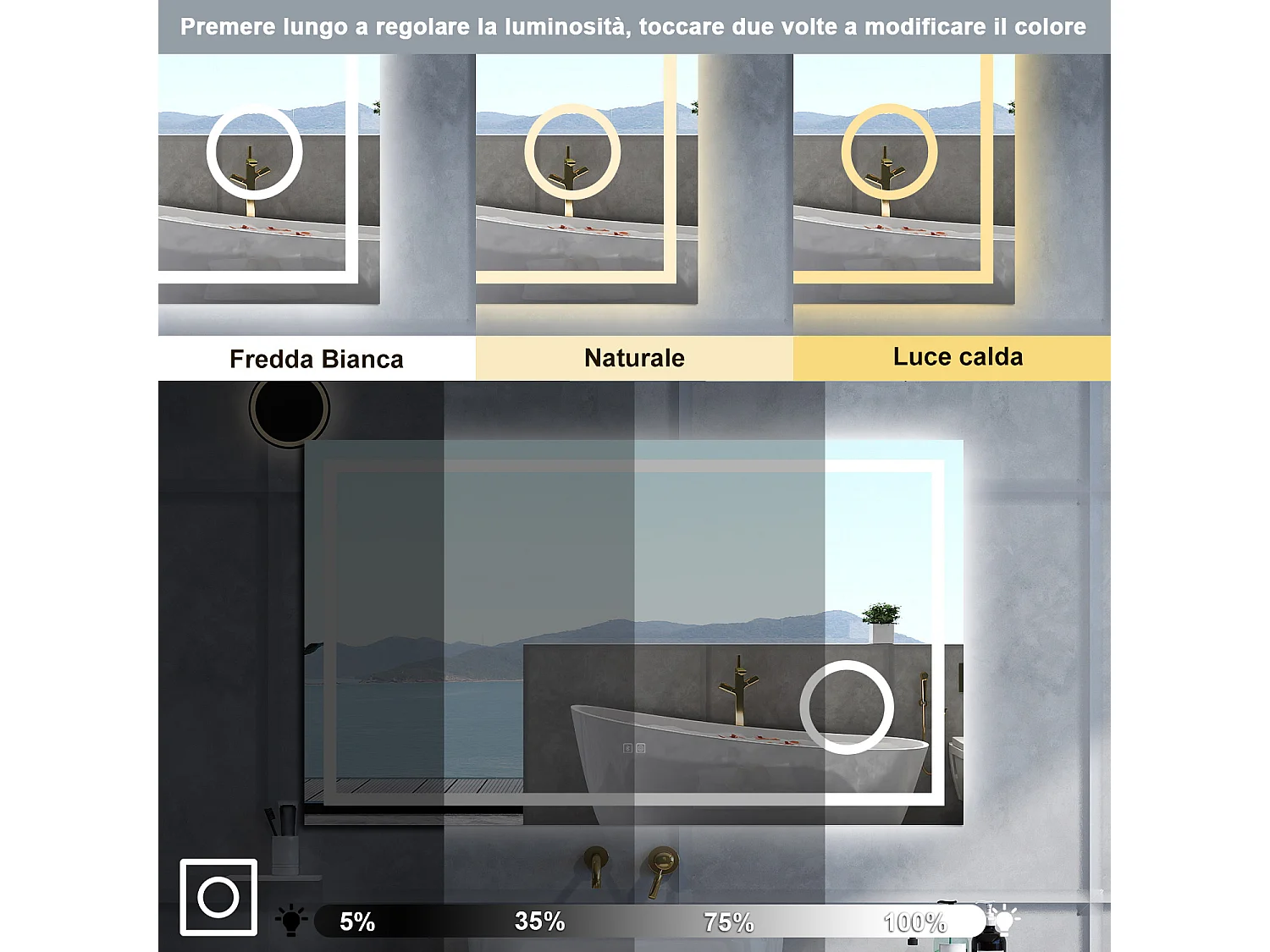Specchio da bagno Rettangolare con 80x60cm,ingranditore 3x,Blue tooth,3 colori,Memoria, Antifog,Regorabile,Retroilluminato,doppio interruttore,