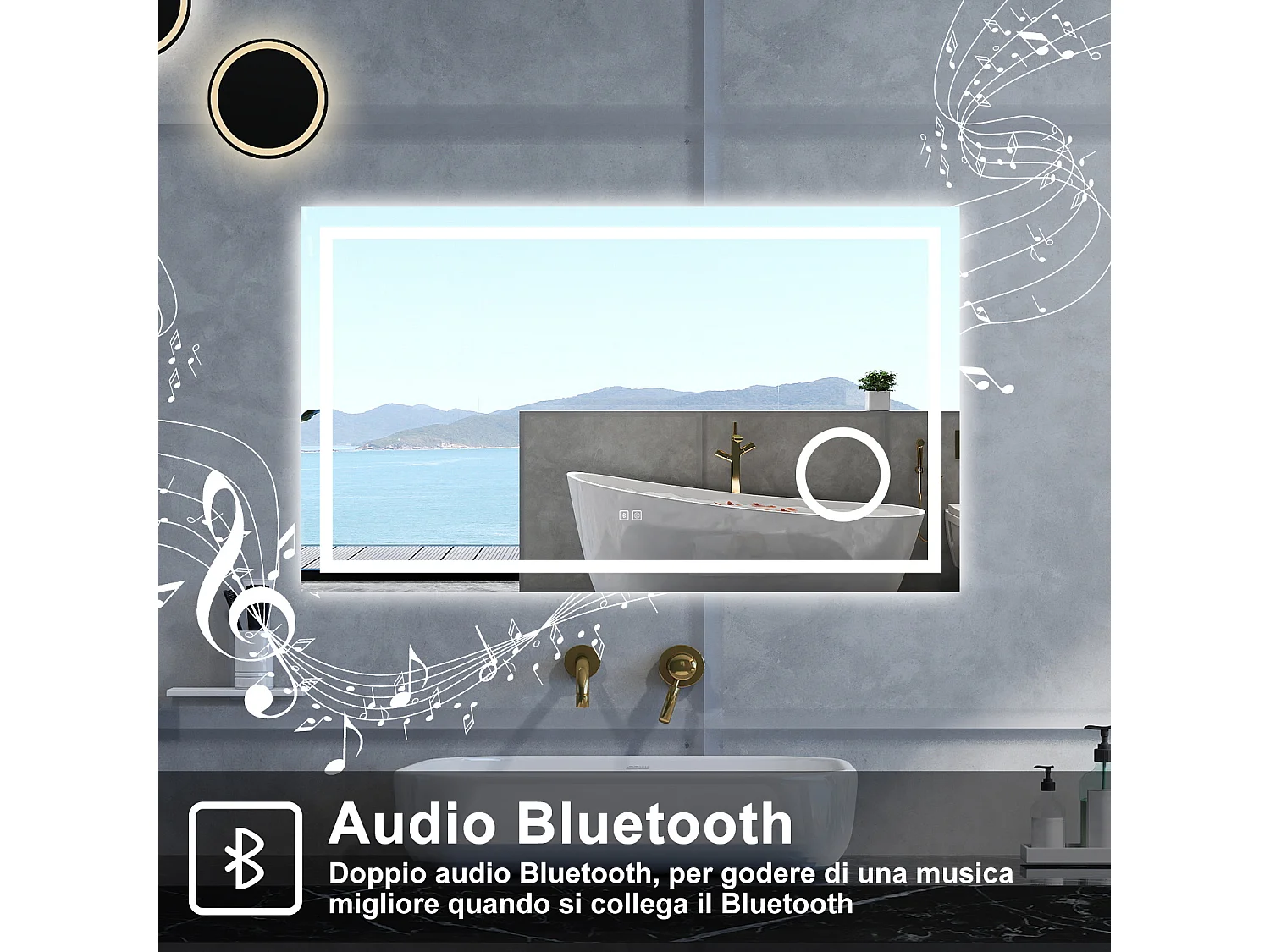 Specchio da bagno Rettangolare con 80x60cm,ingranditore 3x,Blue tooth,3 colori,Memoria, Antifog,Regorabile,Retroilluminato,doppio interruttore,