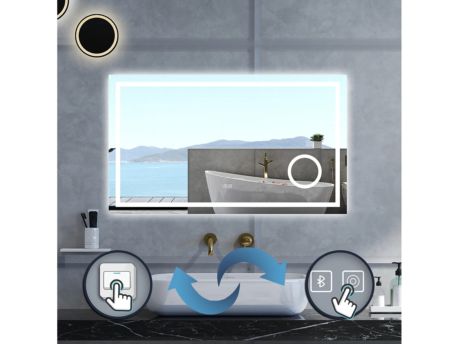 Specchio da bagno Rettangolare con 80x60cm,ingranditore 3x,Blue tooth,3 colori,Memoria, Antifog,Regorabile,Retroilluminato,doppio interruttore,