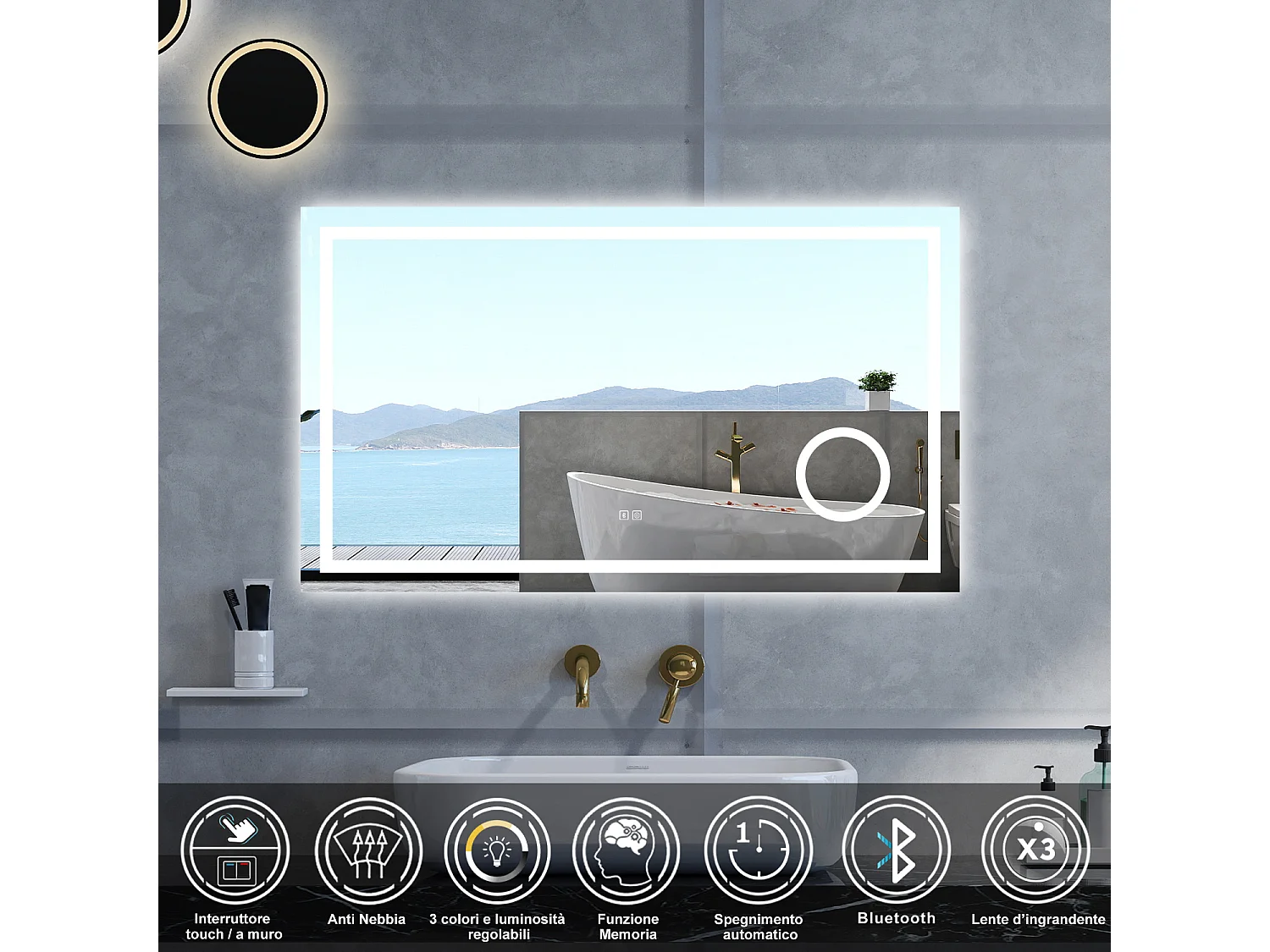 Specchio da bagno Rettangolare con 80x60cm,ingranditore 3x,Blue tooth,3 colori,Memoria, Antifog,Regorabile,Retroilluminato,doppio interruttore,