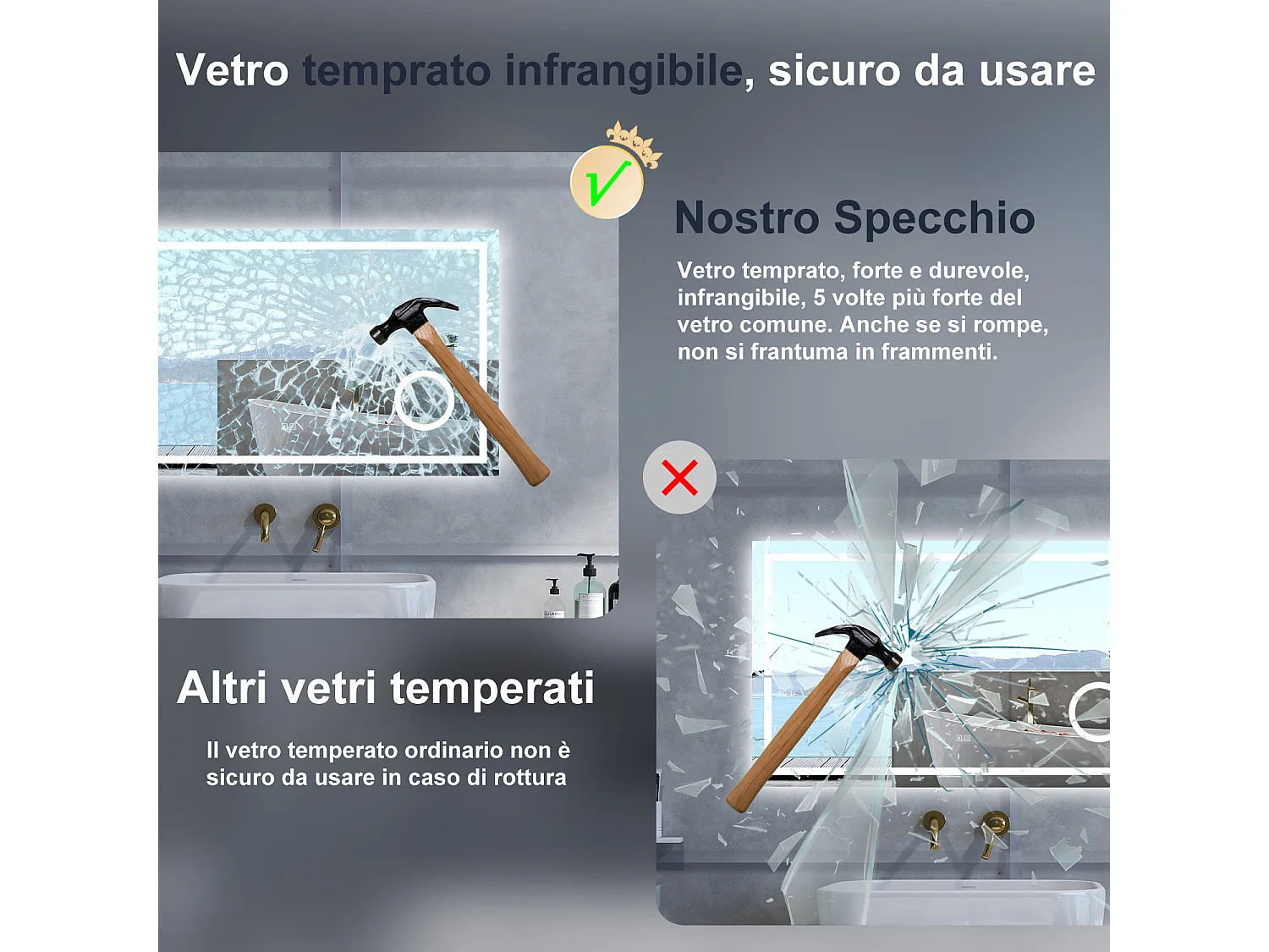 Specchio da bagno Rettangolare con 80x60cm,ingranditore 3x,Blue tooth,3 colori,Memoria, Antifog,Regorabile,Retroilluminato,doppio interruttore,