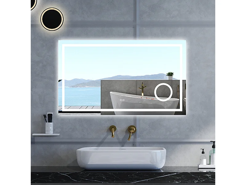 Specchio da bagno Rettangolare con 80x60cm,ingranditore 3x,Blue tooth,3 colori,Memoria, Antifog,Regorabile,Retroilluminato,doppio interruttore,