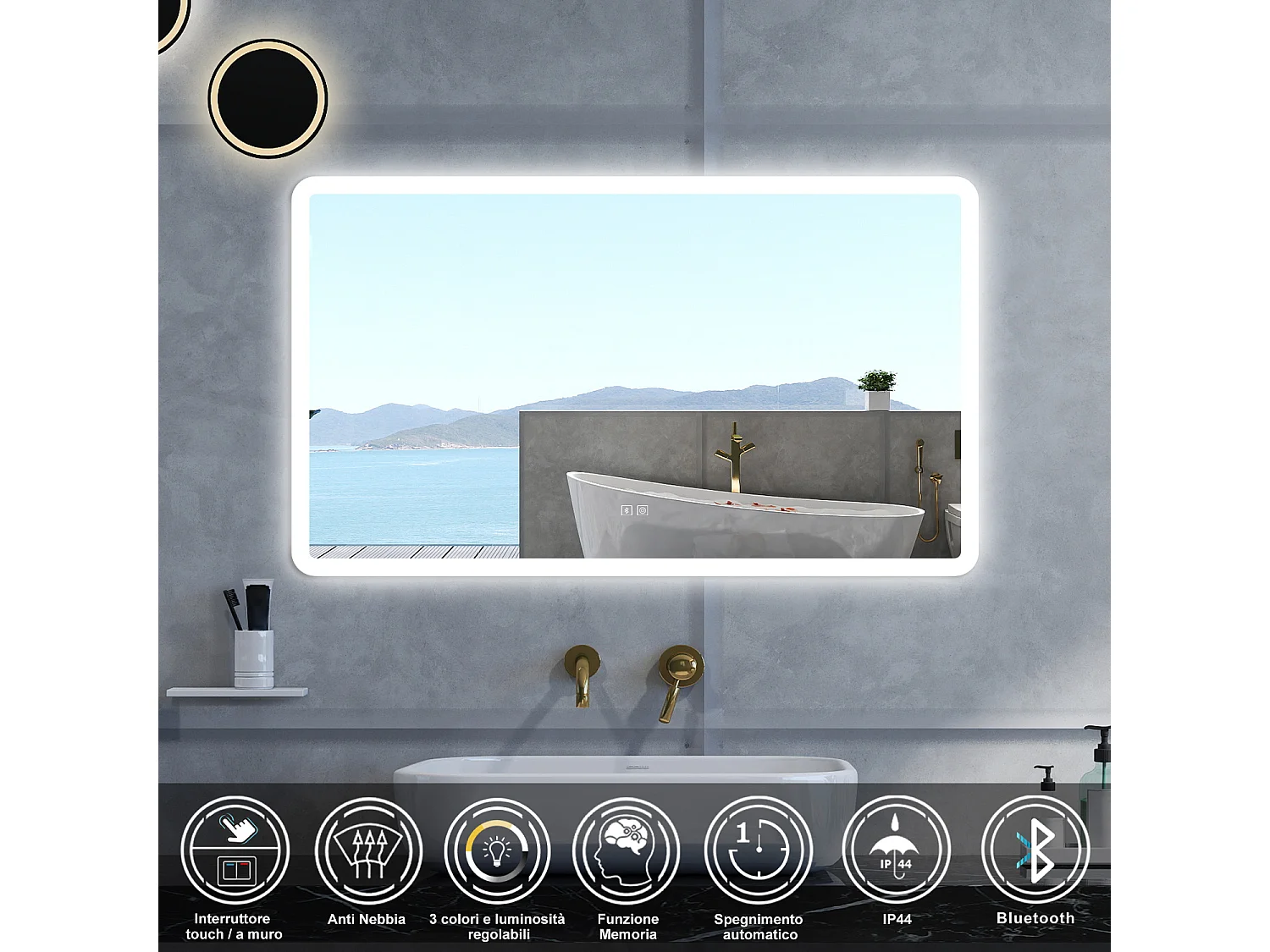 Specchio da bagno Rettangolare con 120x70cm,Blue tooth,3 colori,Memoria, Antifog,Regorabile,Retroilluminato,doppio interruttore,