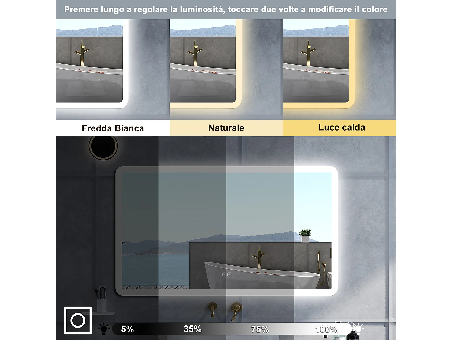 Specchio da bagno Rettangolare con 120x70cm,Blue tooth,3 colori,Memoria, Antifog,Regorabile,Retroilluminato,doppio interruttore,