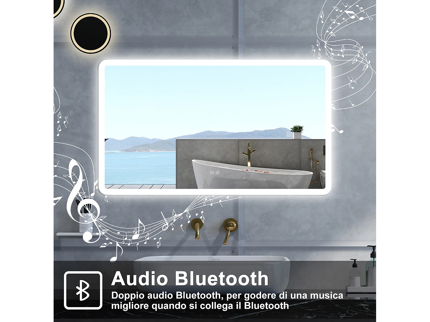 Specchio da bagno Rettangolare con 120x70cm,Blue tooth,3 colori,Memoria, Antifog,Regorabile,Retroilluminato,doppio interruttore,