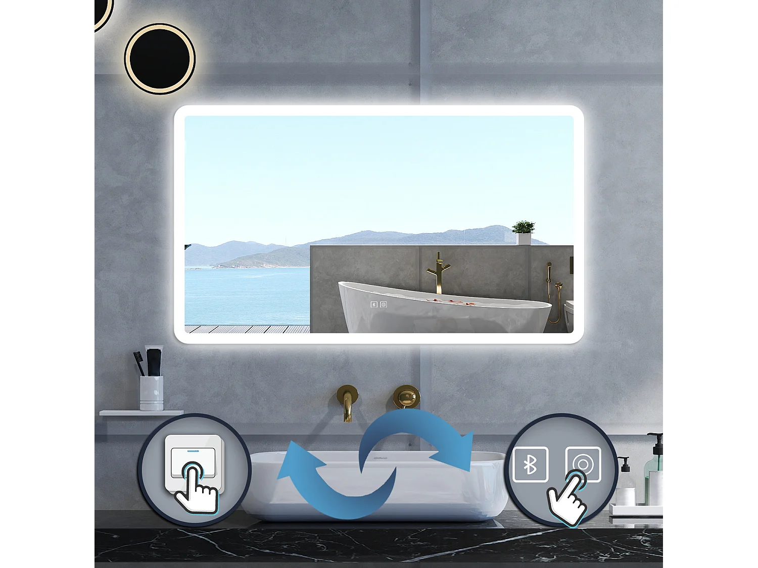 Specchio da bagno Rettangolare con 120x70cm,Blue tooth,3 colori,Memoria, Antifog,Regorabile,Retroilluminato,doppio interruttore,