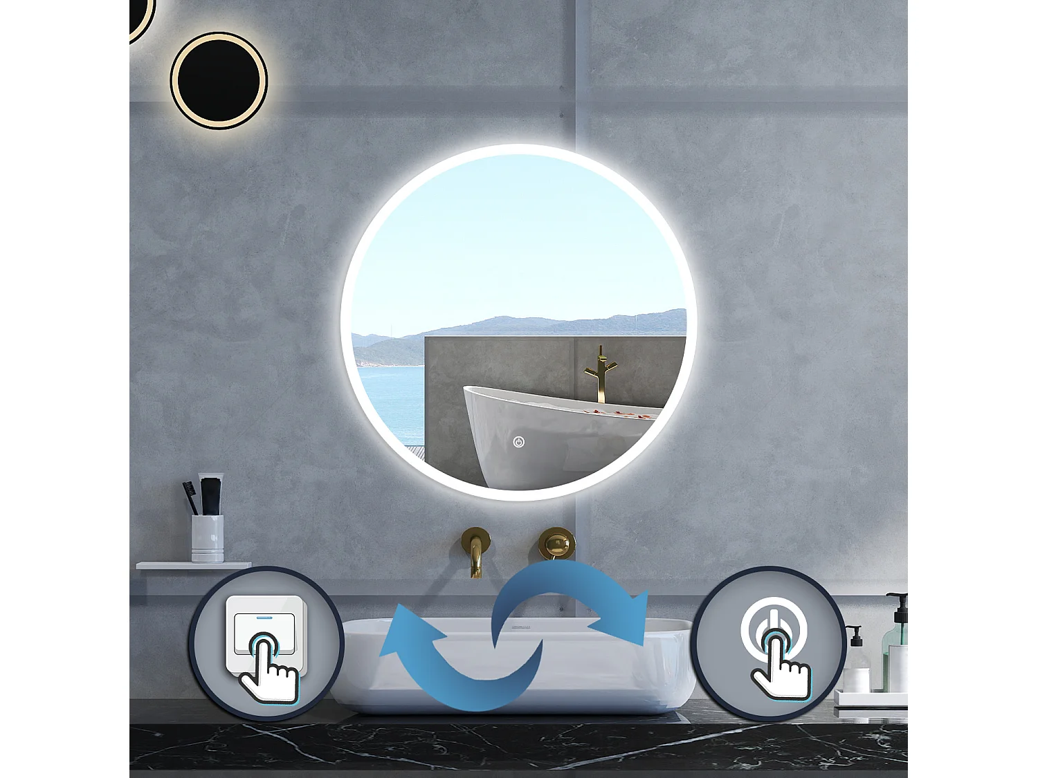 Specchio da bagno Rotondo con 120cm,3 colori,Memoria, Antifog,Regorabile,Retroilluminato,doppio interruttore,