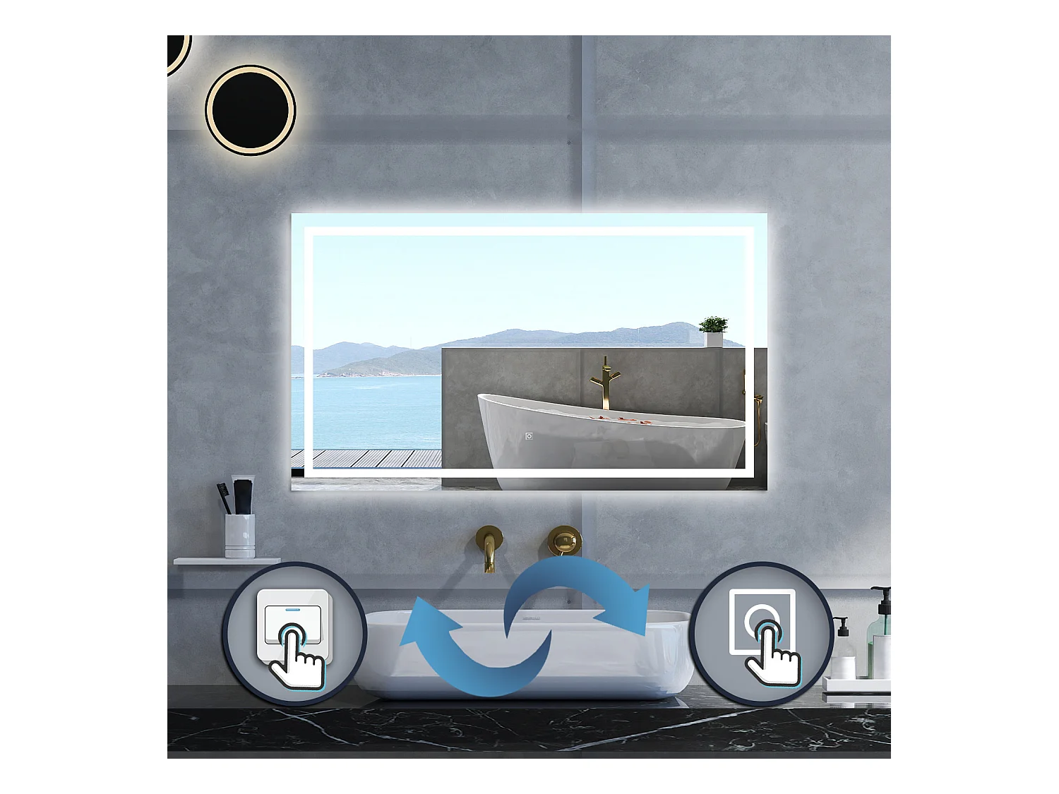 Specchio da bagno Rettangolare con 120x80cm,Memoria, Antifog,Regorabile,Retroilluminato,doppio interruttore,