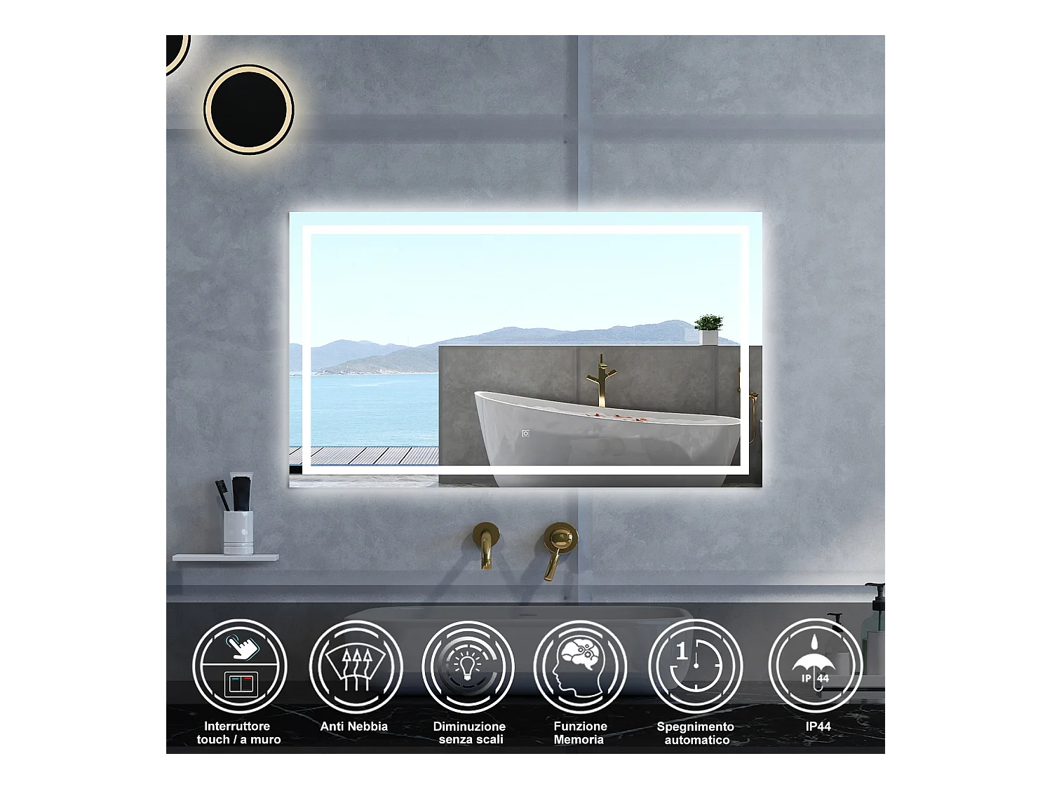 Specchio da bagno Rettangolare con 120x80cm,Memoria, Antifog,Regorabile,Retroilluminato,doppio interruttore,