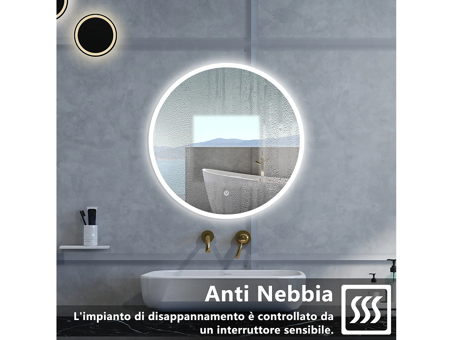 Specchio da bagno Rotondo con 80cm,3 colori,Memoria, Antifog,Regorabile,Retroilluminato,doppio interruttore,