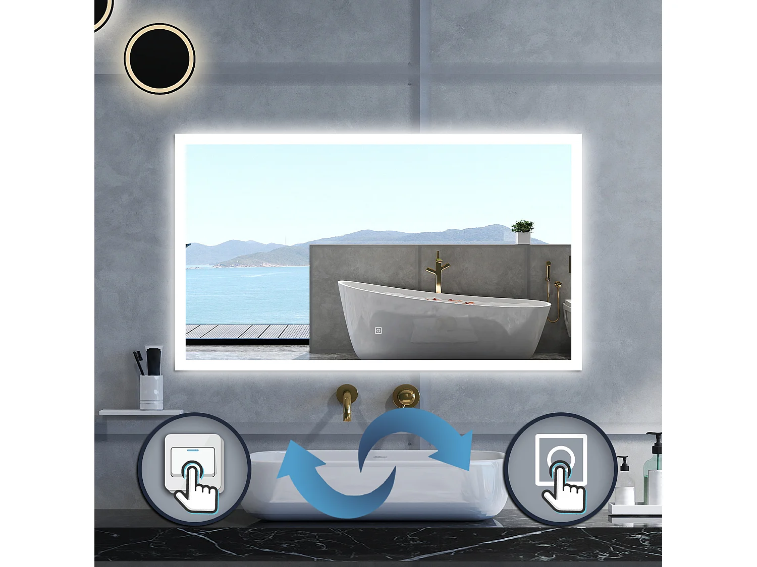 Specchio da bagno Rettangolare con 100x60cm,3 colori,Memoria, Antifog,Regorabile,Retroilluminato,doppio interruttore,