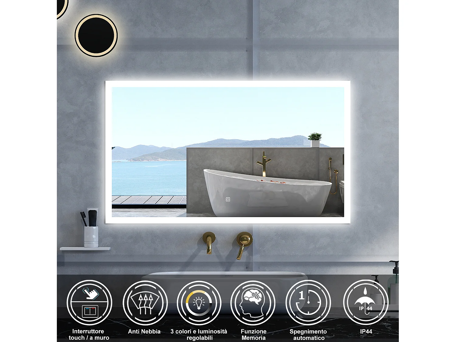 Specchio da bagno Rettangolare con 100x60cm,3 colori,Memoria, Antifog,Regorabile,Retroilluminato,doppio interruttore,