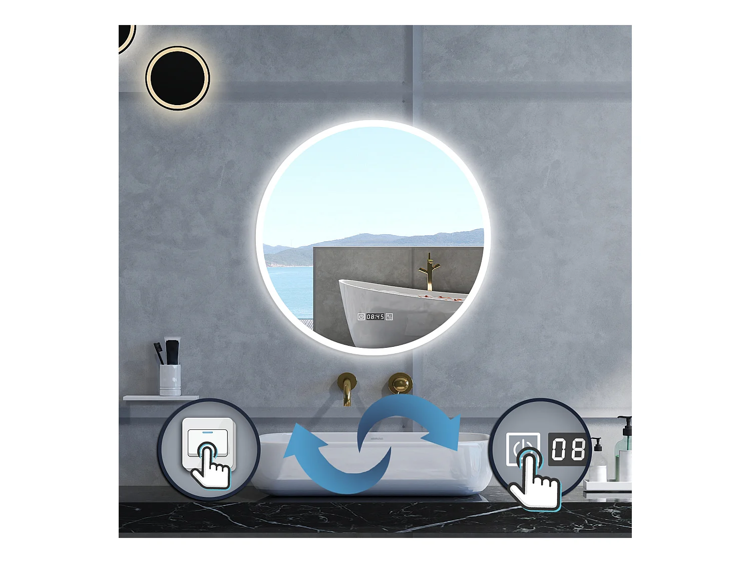 Specchio da bagno Rotondo con 80cm,orologi,3 colori,Memoria, Antifog,Regorabile,Retroilluminato,doppio interruttore,