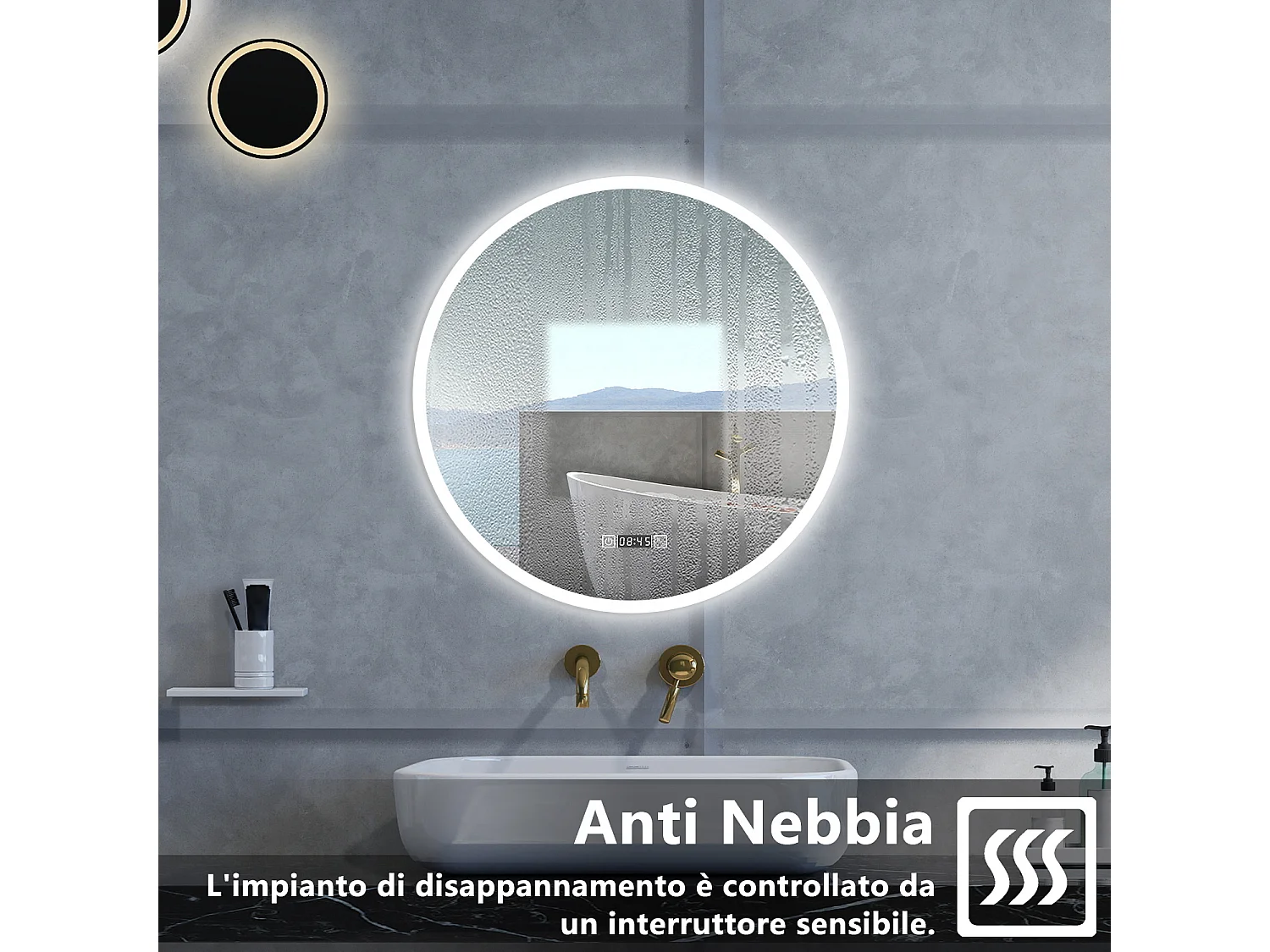 Specchio da bagno Rotondo con 80cm,orologi,3 colori,Memoria, Antifog,Regorabile,Retroilluminato,doppio interruttore,