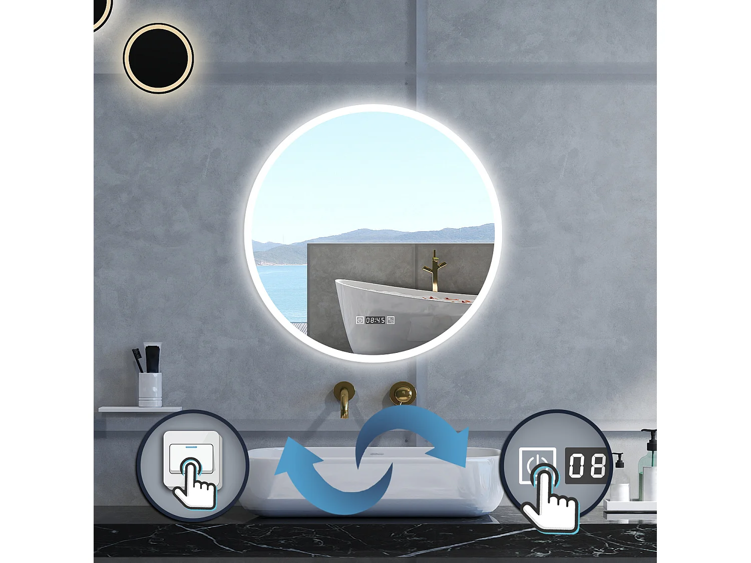 Specchio da bagno Rotondo con 80cm,orologi,3 colori,Memoria, Antifog,Regorabile,Retroilluminato,doppio interruttore,