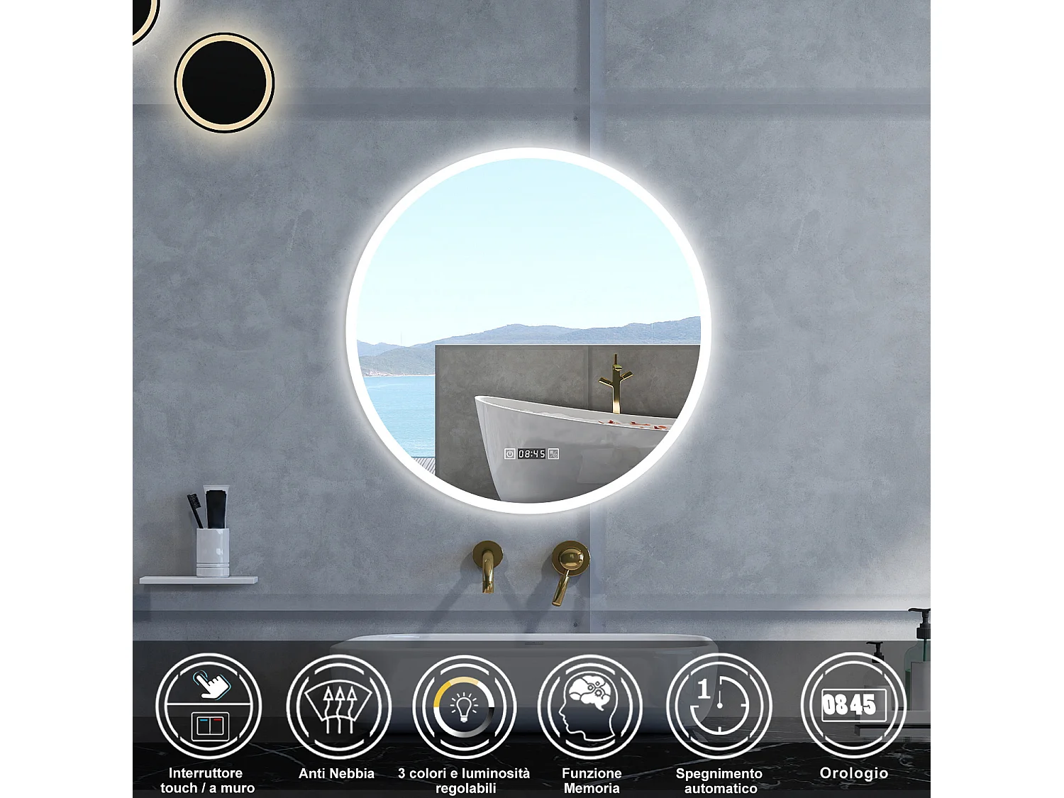 Specchio da bagno Rotondo con 80cm,orologi,3 colori,Memoria, Antifog,Regorabile,Retroilluminato,doppio interruttore,
