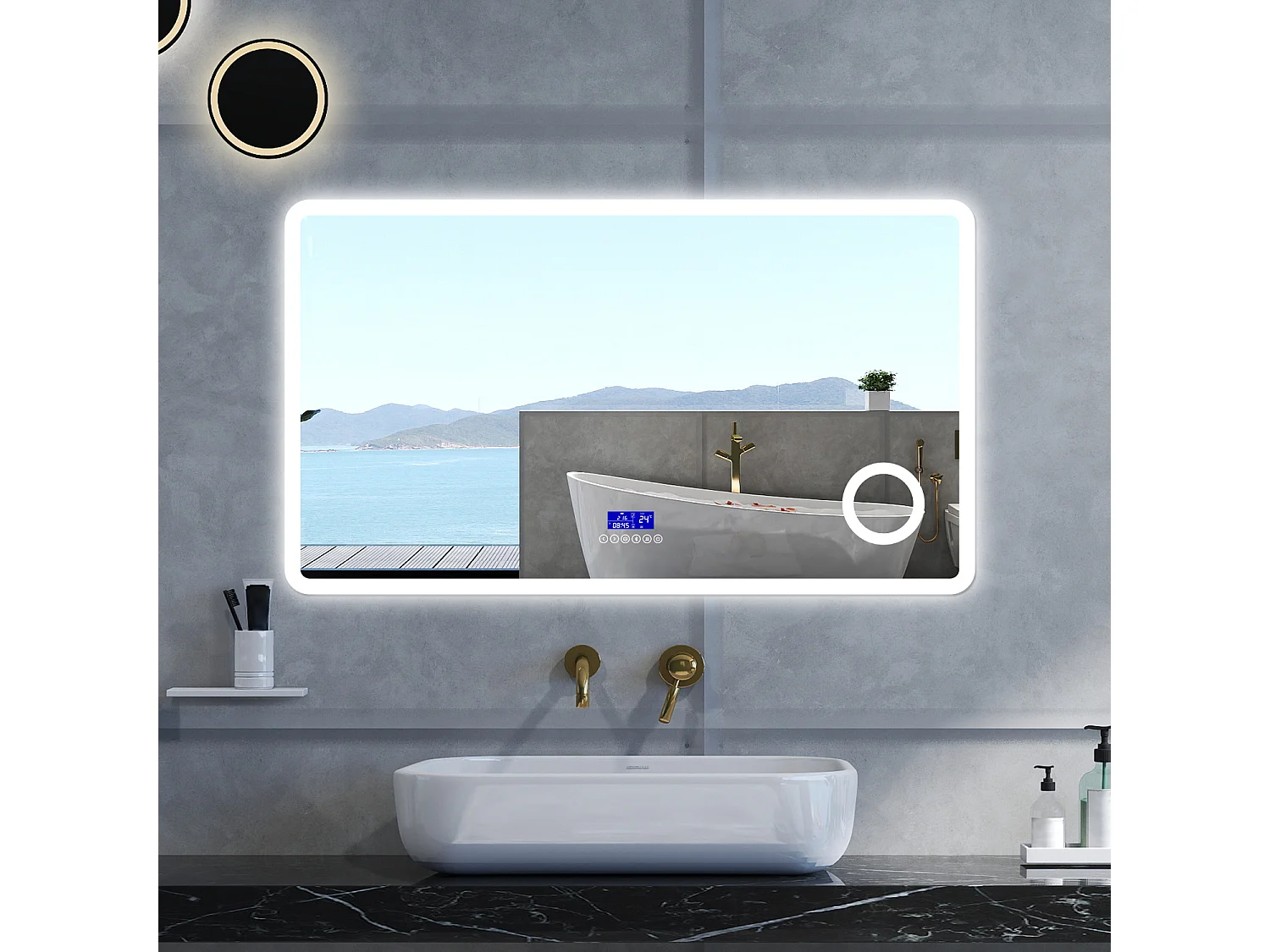 Specchio da bagno Rettangolare con 120x70cm,ingranditore 3x,orologiBlue tooth,3 colori,Memoria, Antifog,Regorabile,Retroilluminato,doppio interruttore,