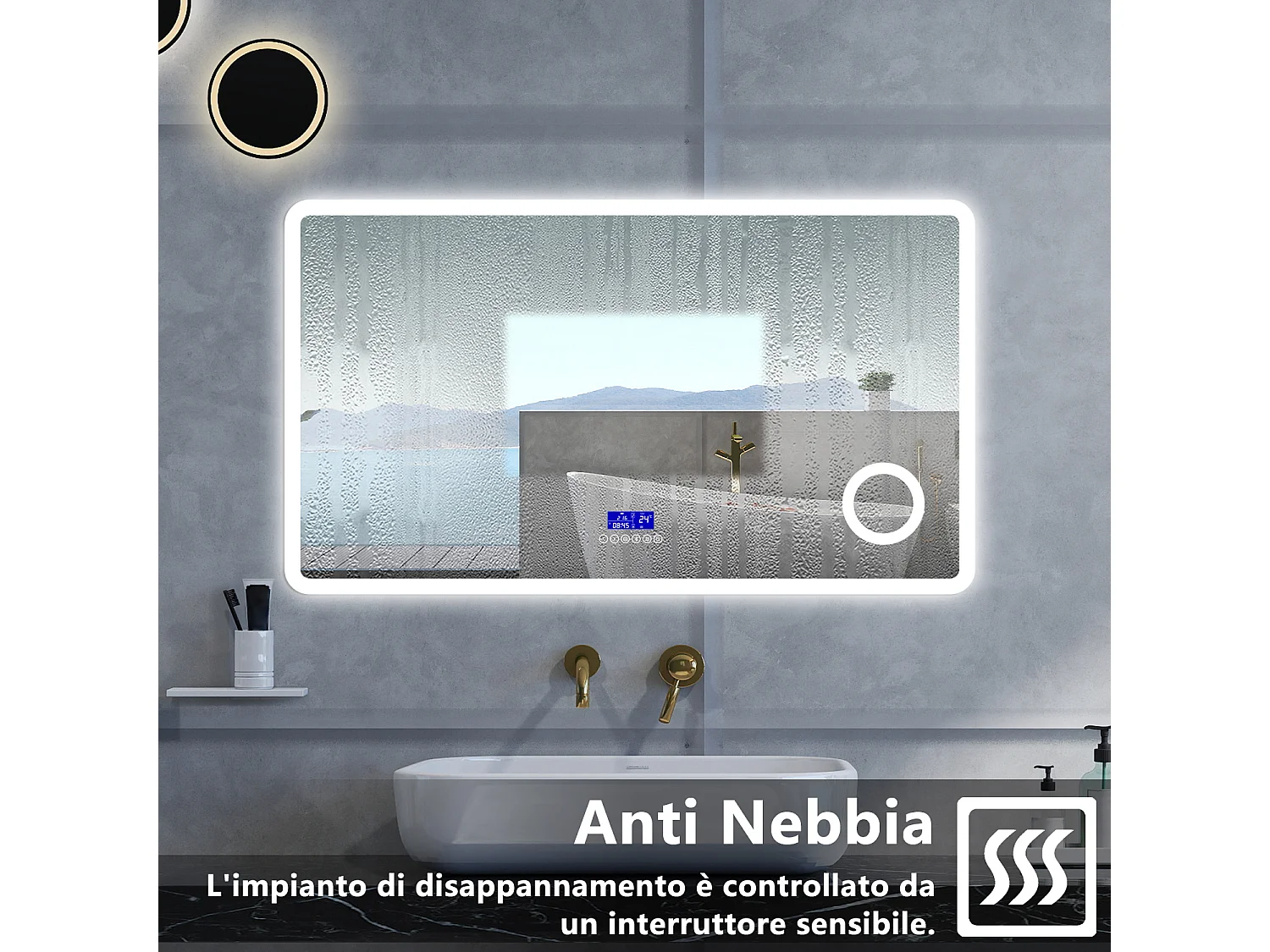 Specchio da bagno Rettangolare con 120x70cm,ingranditore 3x,orologiBlue tooth,3 colori,Memoria, Antifog,Regorabile,Retroilluminato,doppio interruttore,