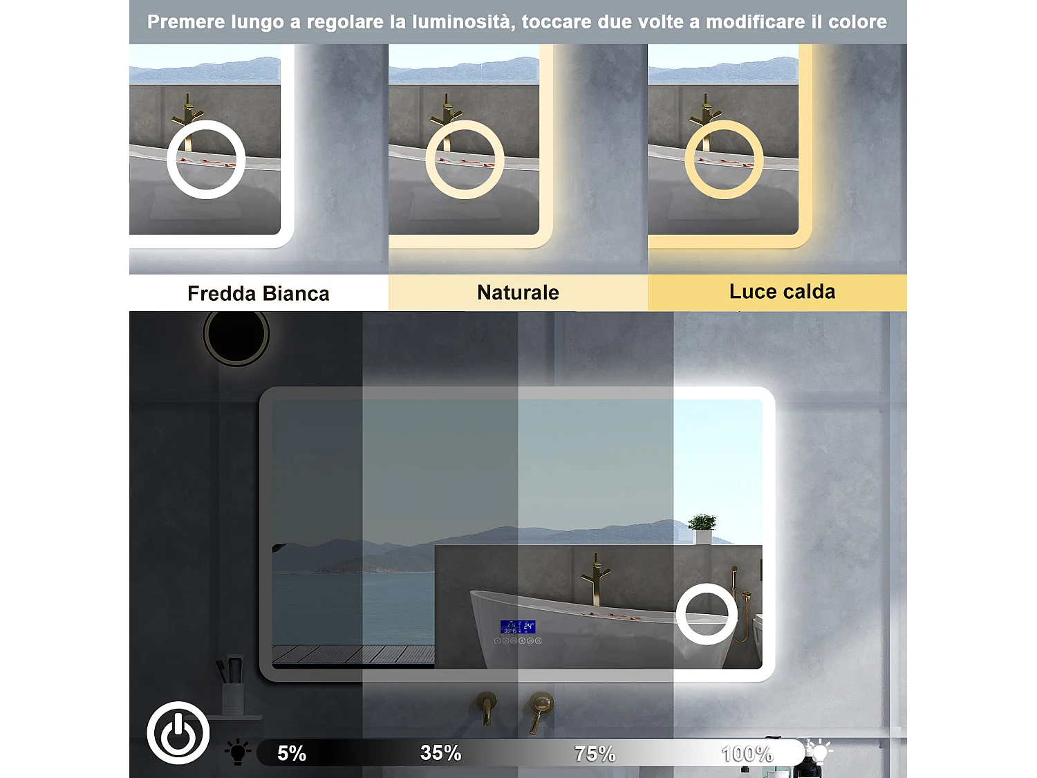 Specchio da bagno Rettangolare con 120x70cm,ingranditore 3x,orologiBlue tooth,3 colori,Memoria, Antifog,Regorabile,Retroilluminato,doppio interruttore,