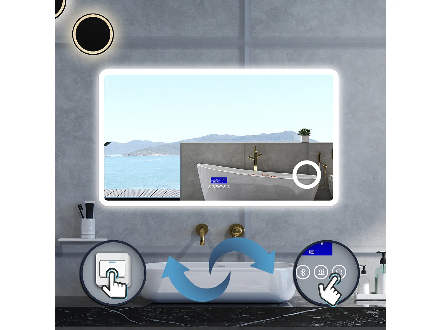 Specchio da bagno Rettangolare con 120x70cm,ingranditore 3x,orologiBlue tooth,3 colori,Memoria, Antifog,Regorabile,Retroilluminato,doppio interruttore,