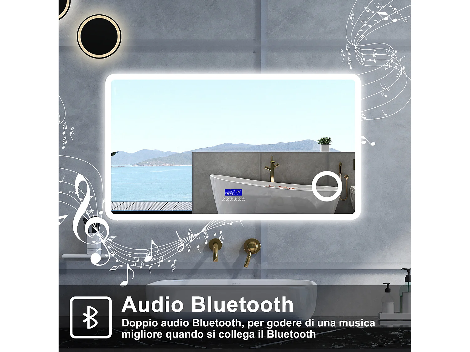 Specchio da bagno Rettangolare con 120x70cm,ingranditore 3x,orologiBlue tooth,3 colori,Memoria, Antifog,Regorabile,Retroilluminato,doppio interruttore,