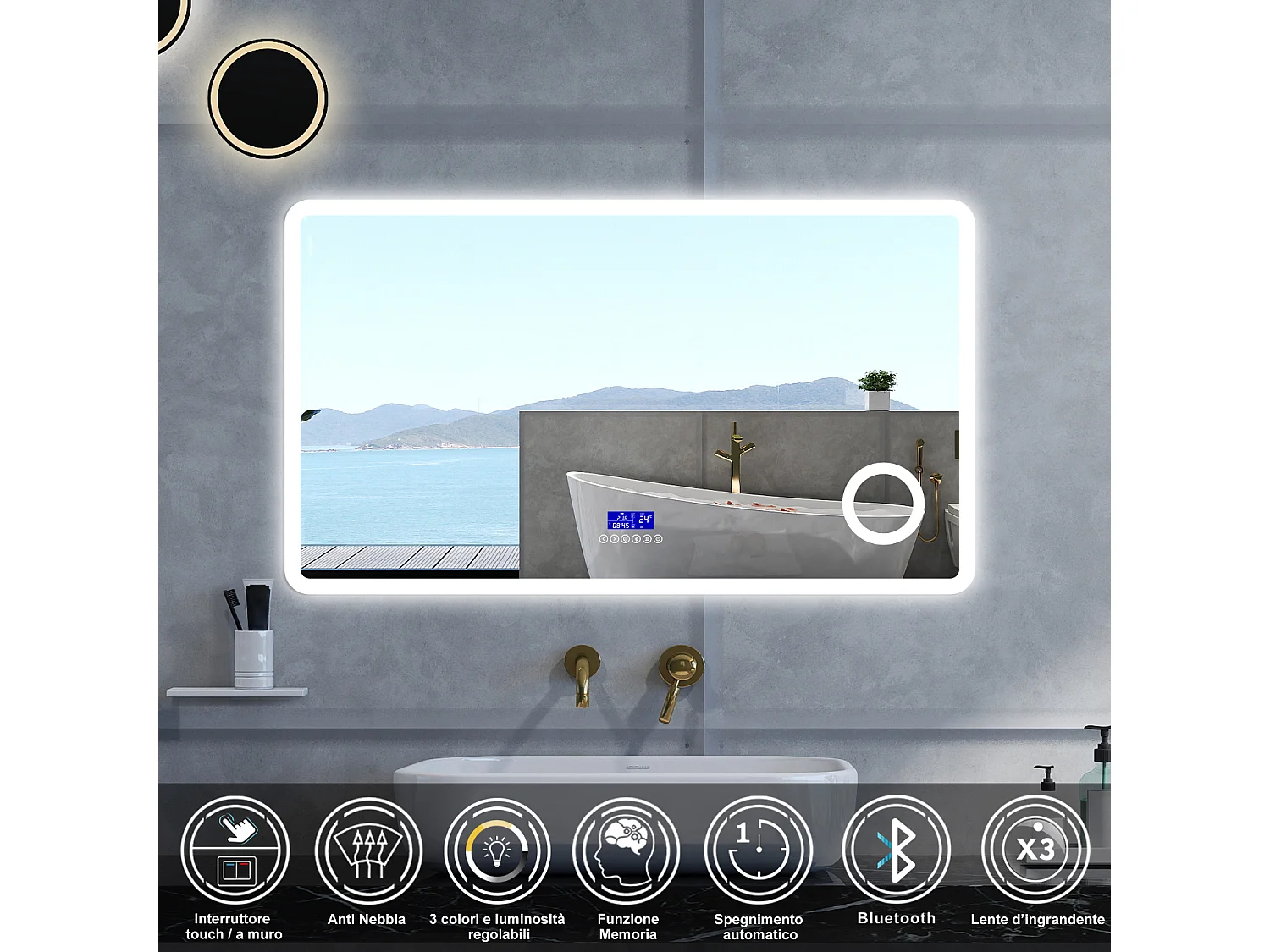 Specchio da bagno Rettangolare con 120x70cm,ingranditore 3x,orologiBlue tooth,3 colori,Memoria, Antifog,Regorabile,Retroilluminato,doppio interruttore,