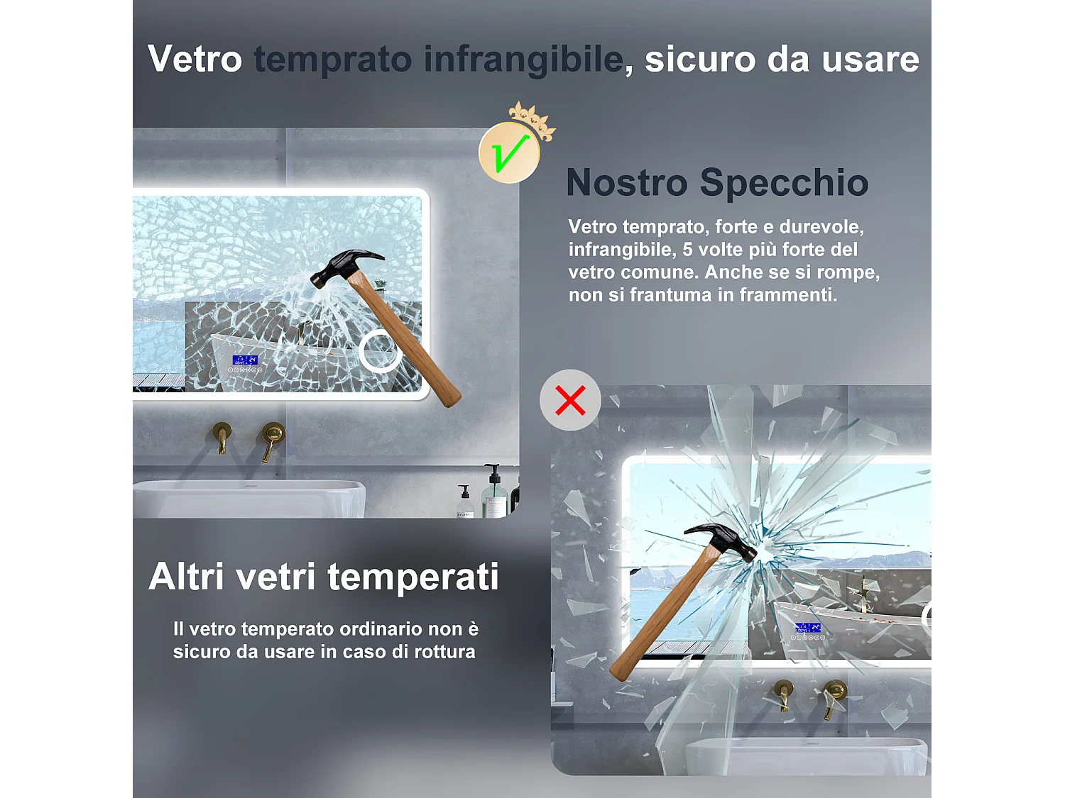 Specchio da bagno Rettangolare con 120x70cm,ingranditore 3x,orologiBlue tooth,3 colori,Memoria, Antifog,Regorabile,Retroilluminato,doppio interruttore,