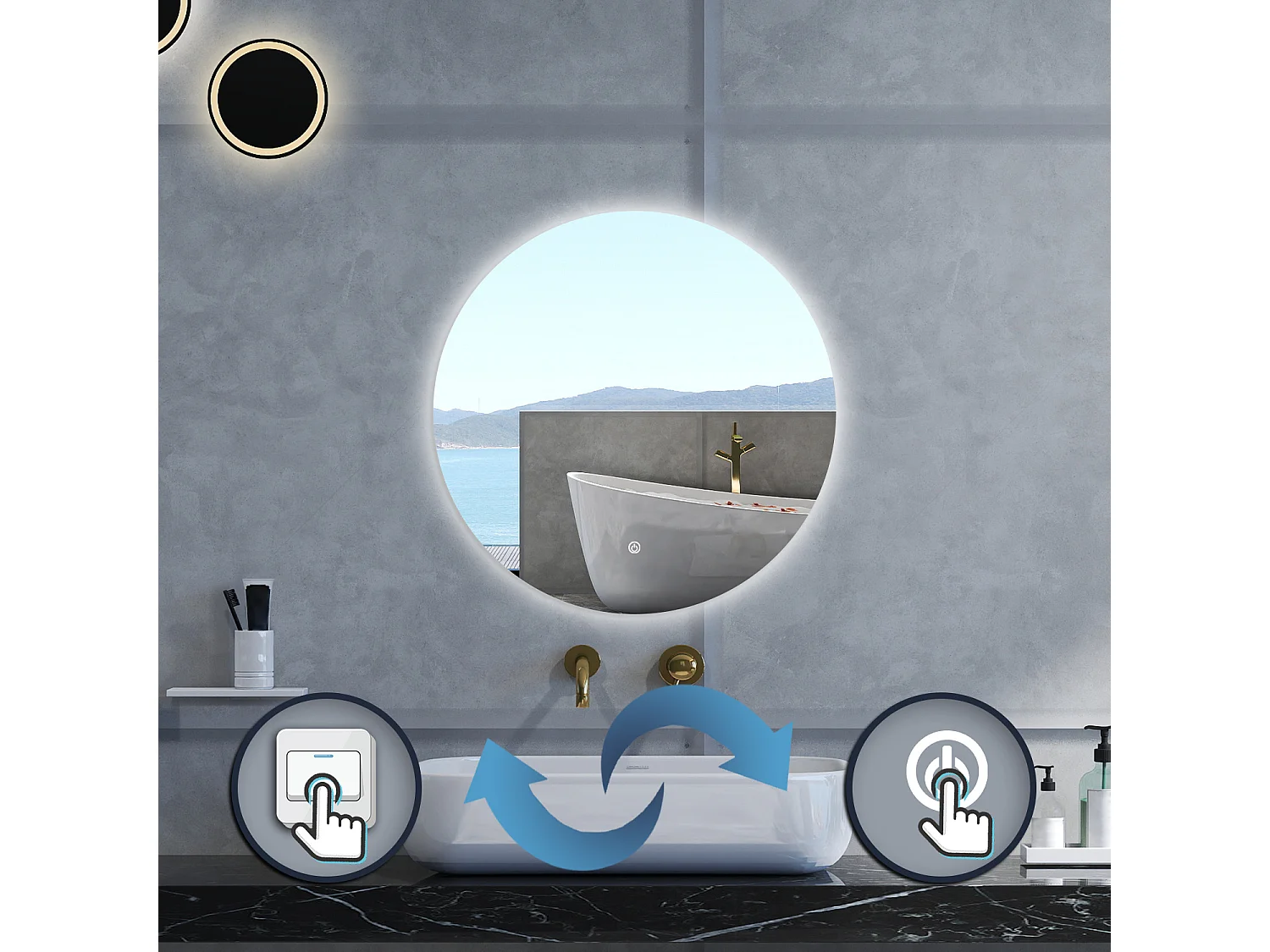 Specchio da bagno Rotondo con 70cm,Memoria, Antifog,Regorabile,Retroilluminato,doppio interruttore,