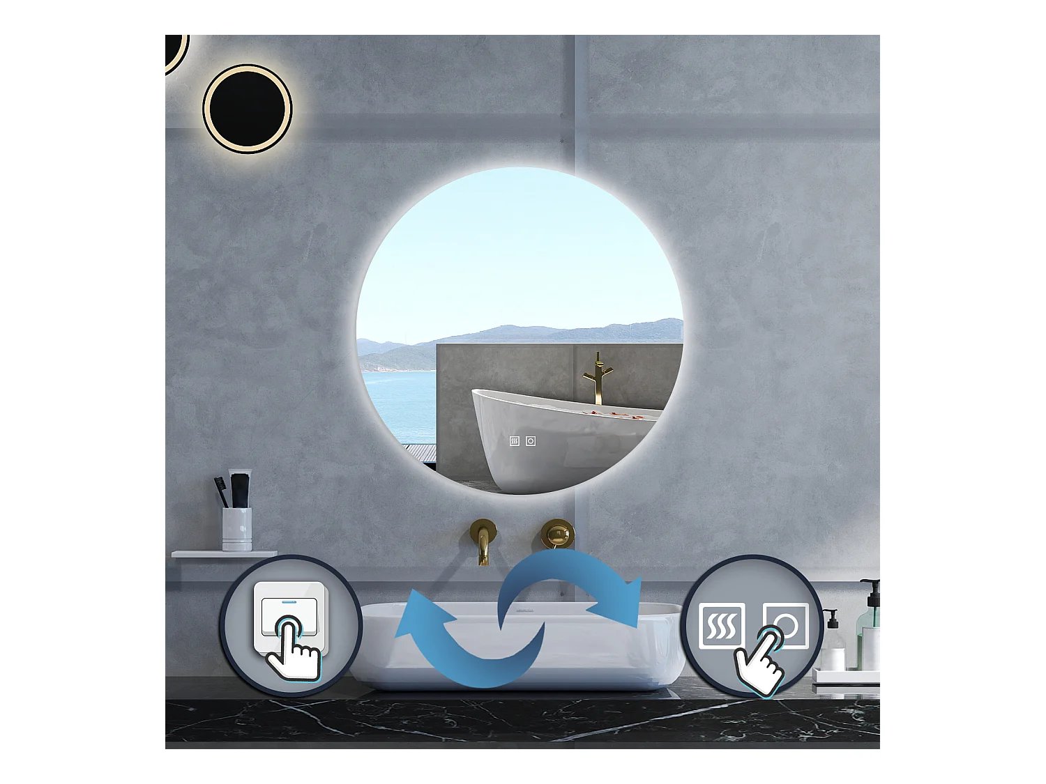 Specchio da bagno Rotondo con 60cm,3 colori,Memoria, Antifog,Regorabile,Retroilluminato,doppio interruttore,