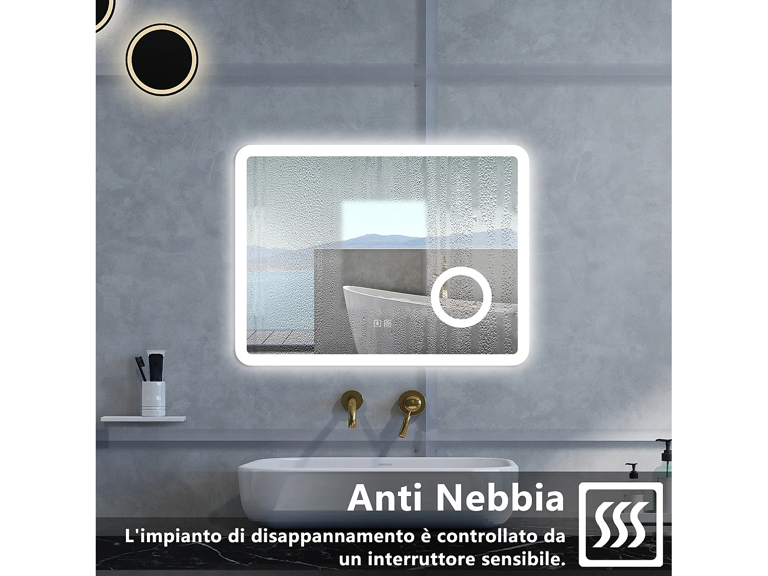 Specchio da bagno Rettangolare con 80x60cm,ingranditore 3x,Blue tooth,3 colori,Memoria, Antifog,Regorabile,Retroilluminato,doppio interruttore,