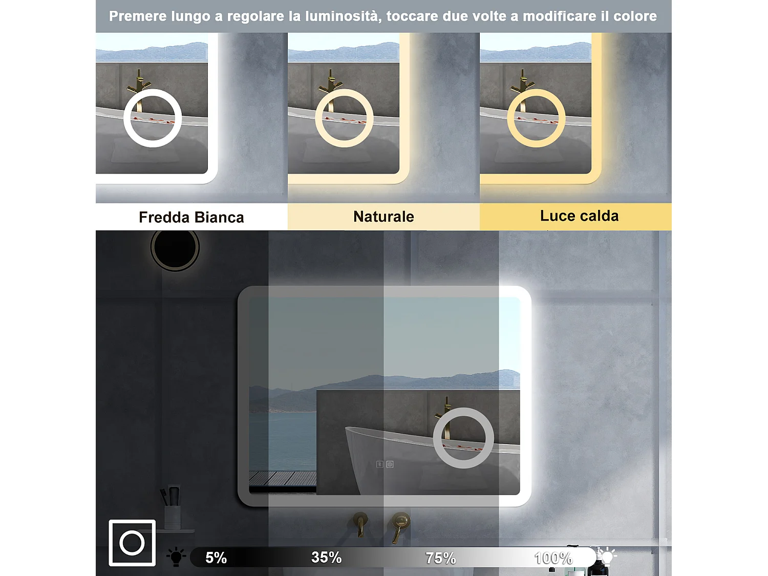 Specchio da bagno Rettangolare con 80x60cm,ingranditore 3x,Blue tooth,3 colori,Memoria, Antifog,Regorabile,Retroilluminato,doppio interruttore,