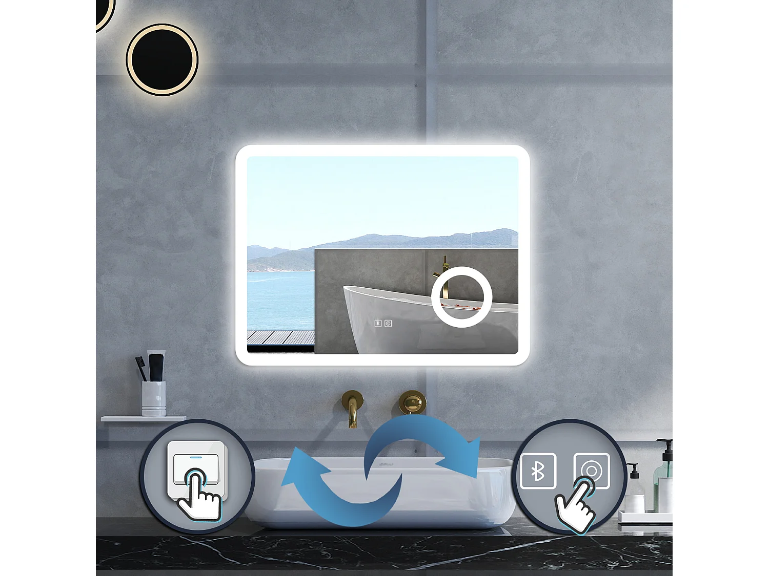 Specchio da bagno Rettangolare con 80x60cm,ingranditore 3x,Blue tooth,3 colori,Memoria, Antifog,Regorabile,Retroilluminato,doppio interruttore,