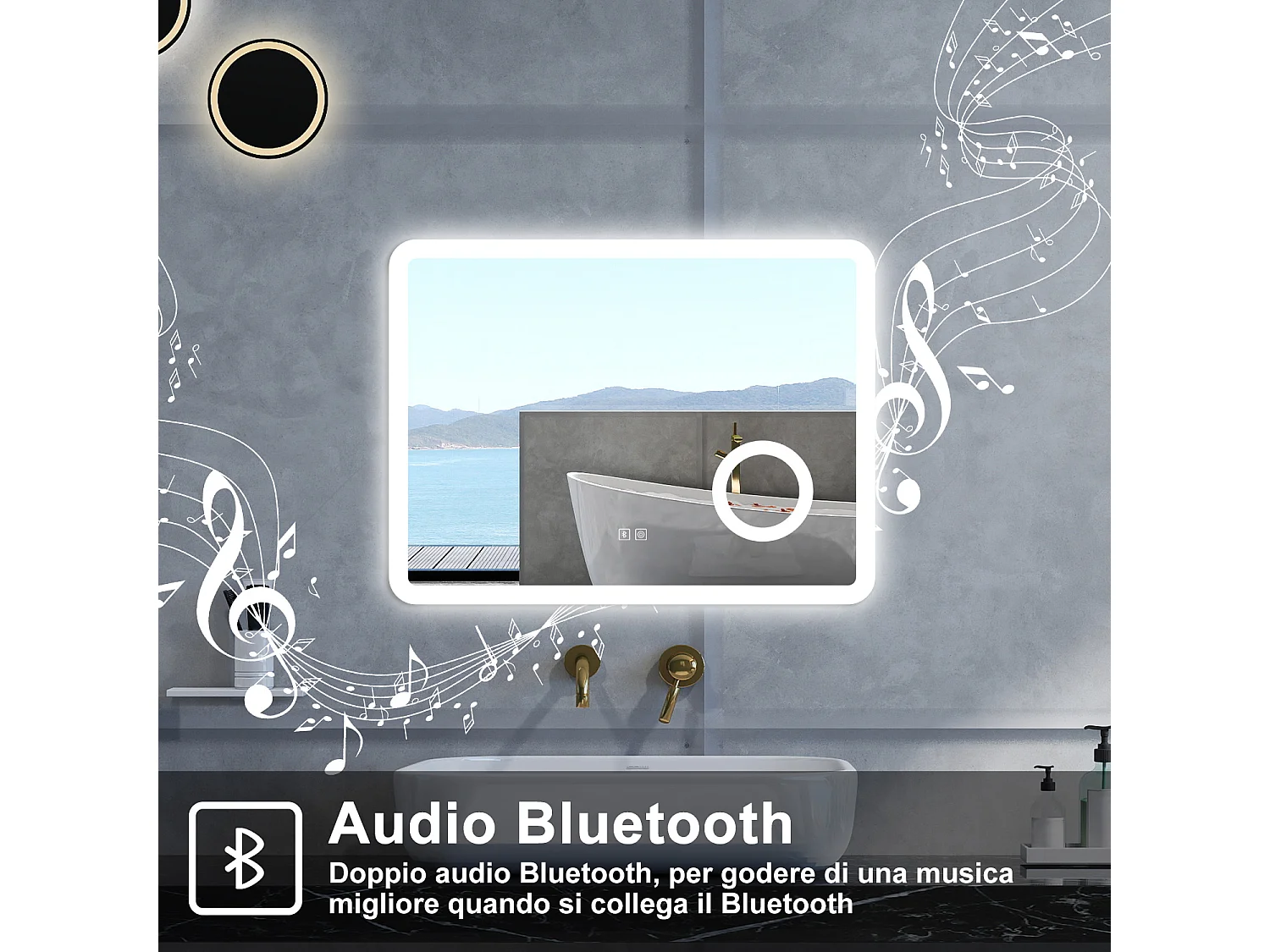 Specchio da bagno Rettangolare con 80x60cm,ingranditore 3x,Blue tooth,3 colori,Memoria, Antifog,Regorabile,Retroilluminato,doppio interruttore,