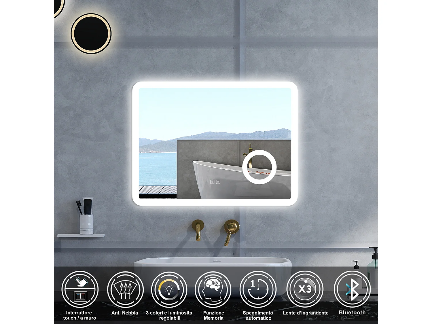 Specchio da bagno Rettangolare con 80x60cm,ingranditore 3x,Blue tooth,3 colori,Memoria, Antifog,Regorabile,Retroilluminato,doppio interruttore,