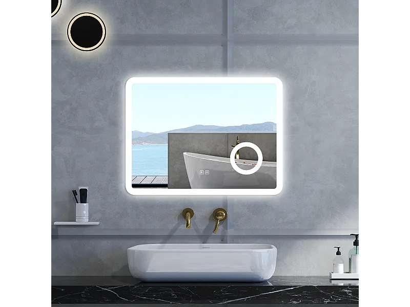 Specchio da bagno Rettangolare con 80x60cm,ingranditore 3x,Blue tooth,3 colori,Memoria, Antifog,Regorabile,Retroilluminato,doppio interruttore,