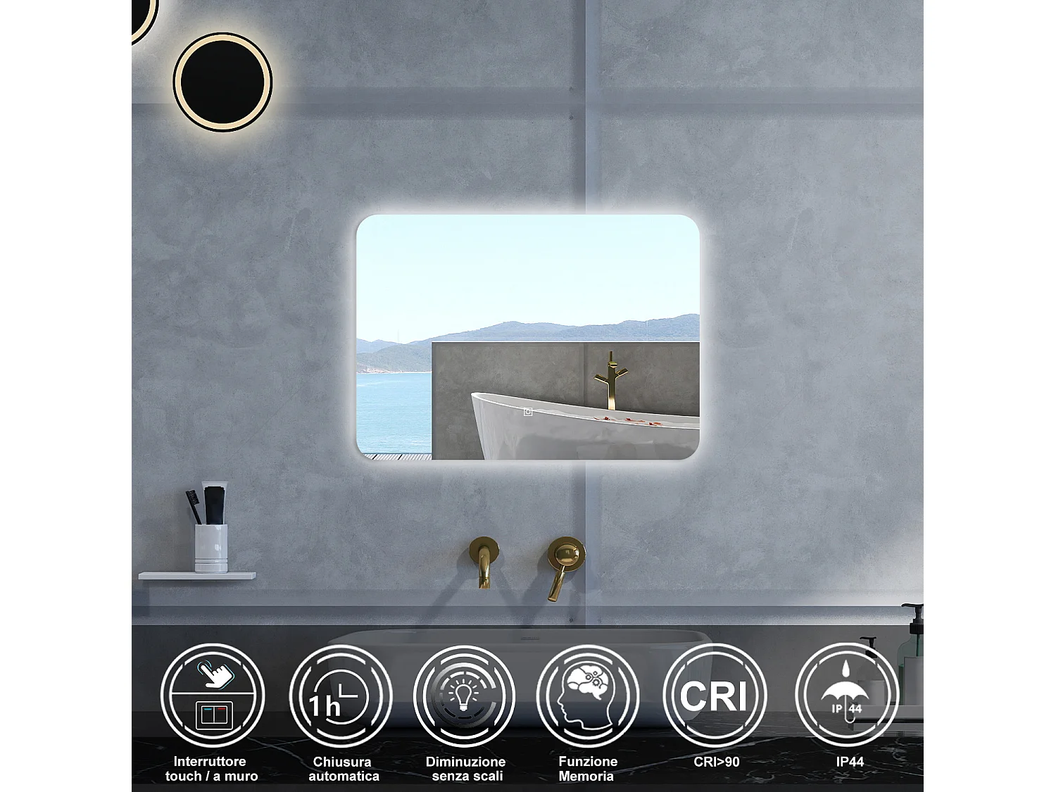 Specchio da bagno Rettangolare con 90x60cm,Memoria,Regorabile,Retroilluminato,doppio interruttore,HD temperato