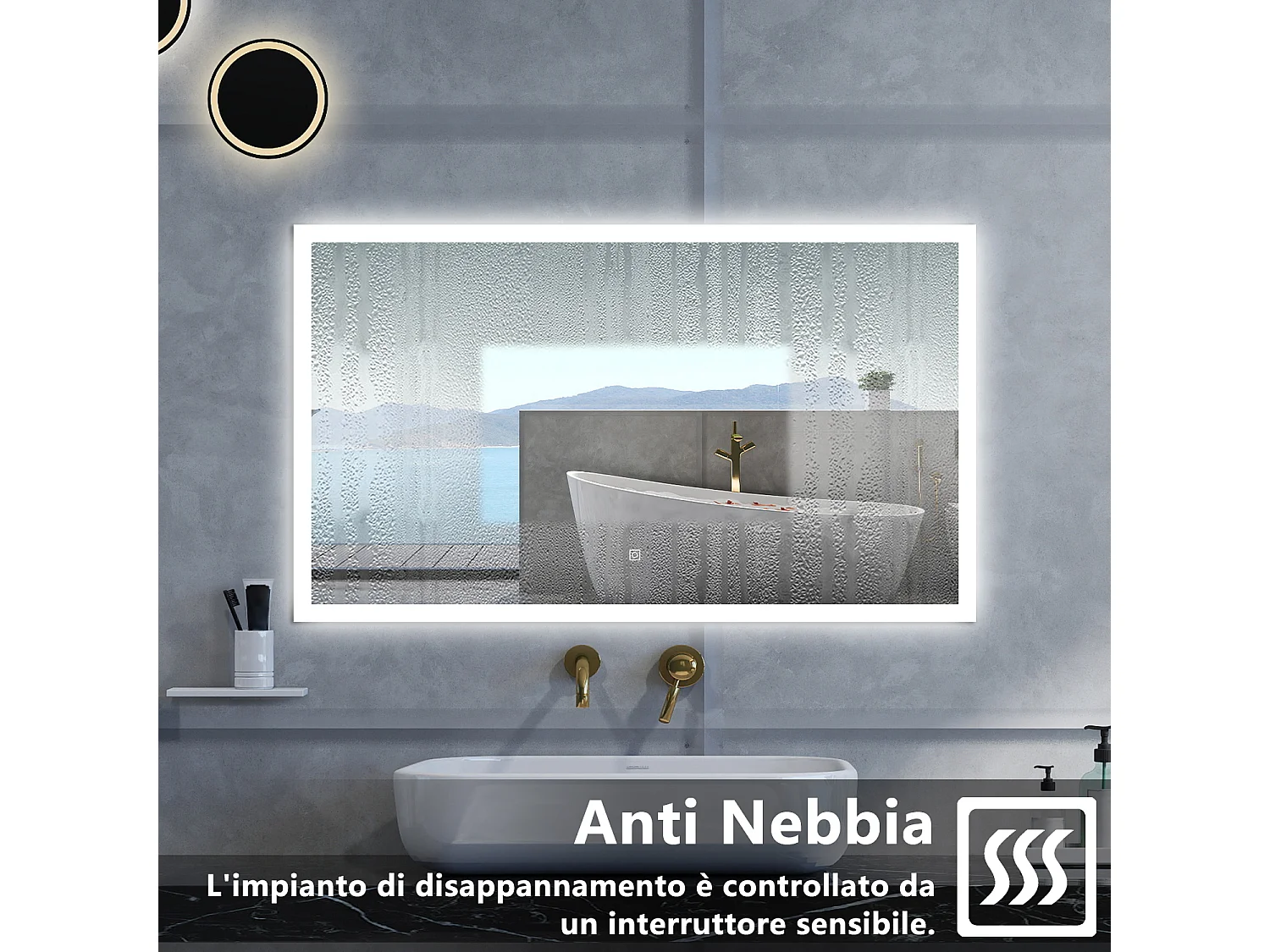 Specchio da bagno Rettangolare con 120x70cm,3 colori,Memoria, Antifog,Regorabile,Retroilluminato,doppio interruttore,
