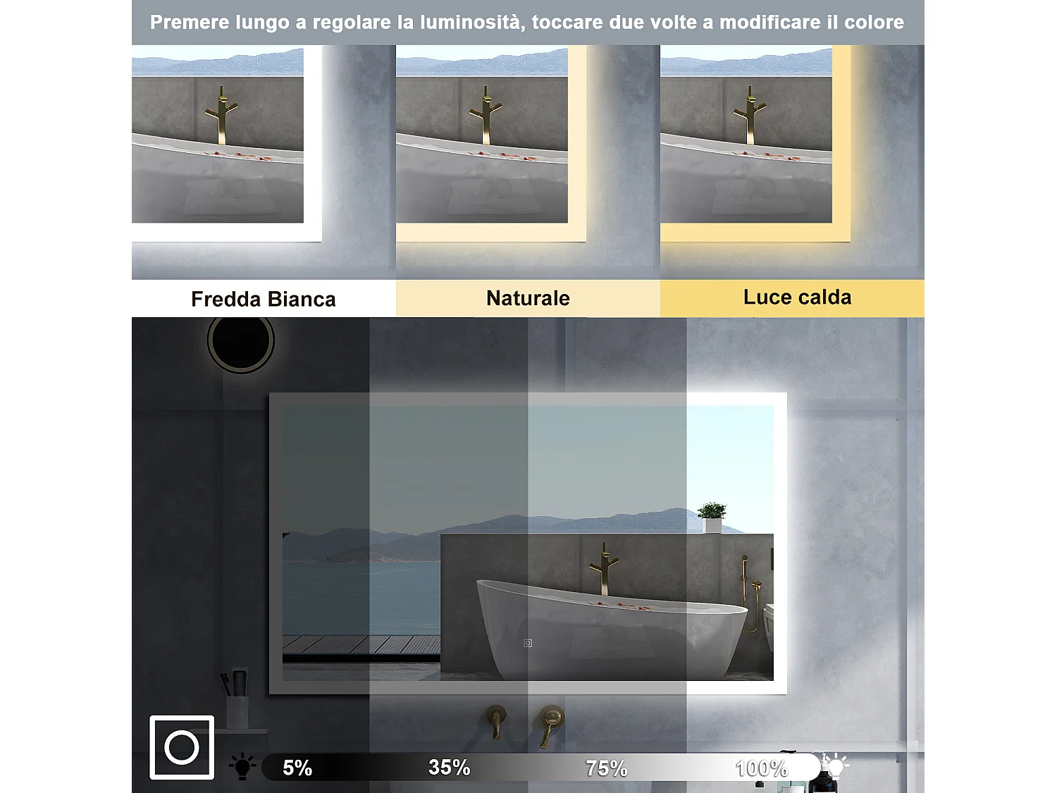 Specchio da bagno Rettangolare con 120x70cm,3 colori,Memoria, Antifog,Regorabile,Retroilluminato,doppio interruttore,