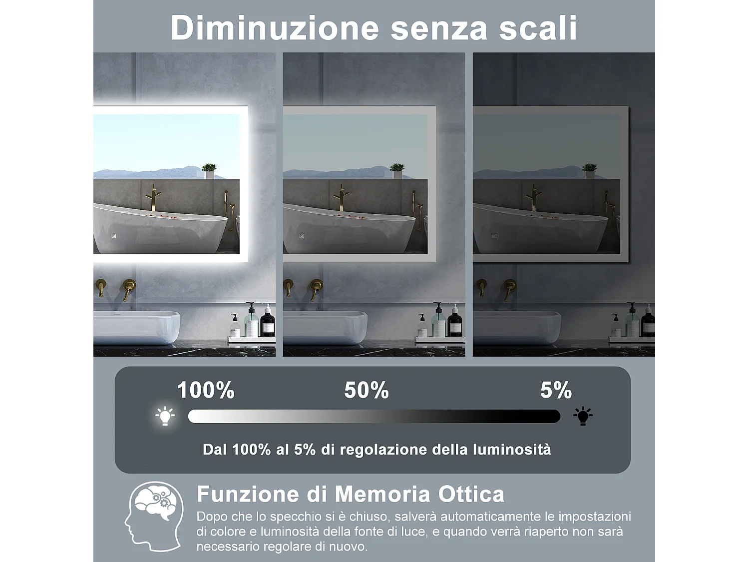 Specchio da bagno Rettangolare con 100x60cm,Memoria, Antifog,Regorabile,Retroilluminato,doppio interruttore,