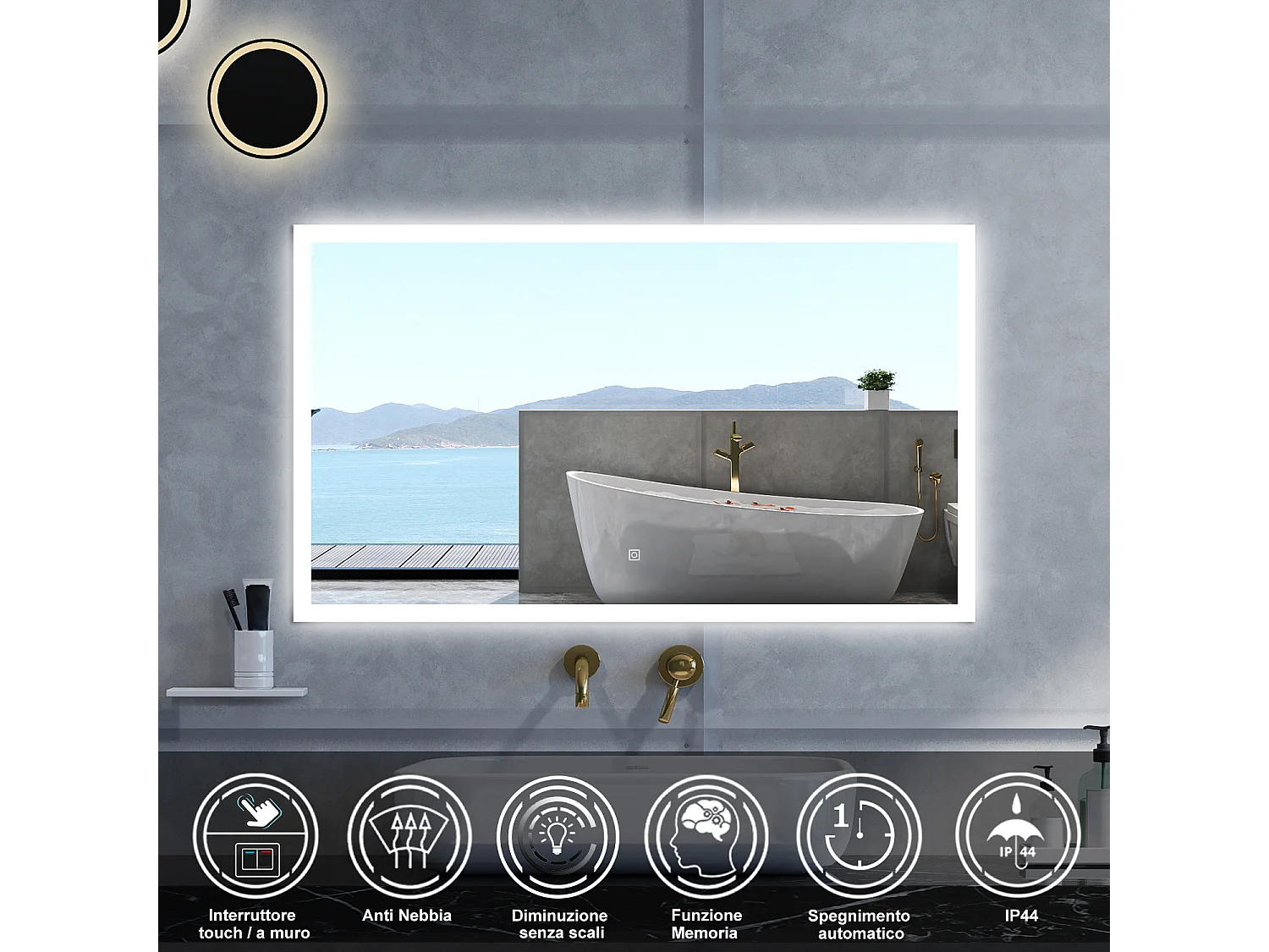 Specchio da bagno Rettangolare con 100x60cm,Memoria, Antifog,Regorabile,Retroilluminato,doppio interruttore,