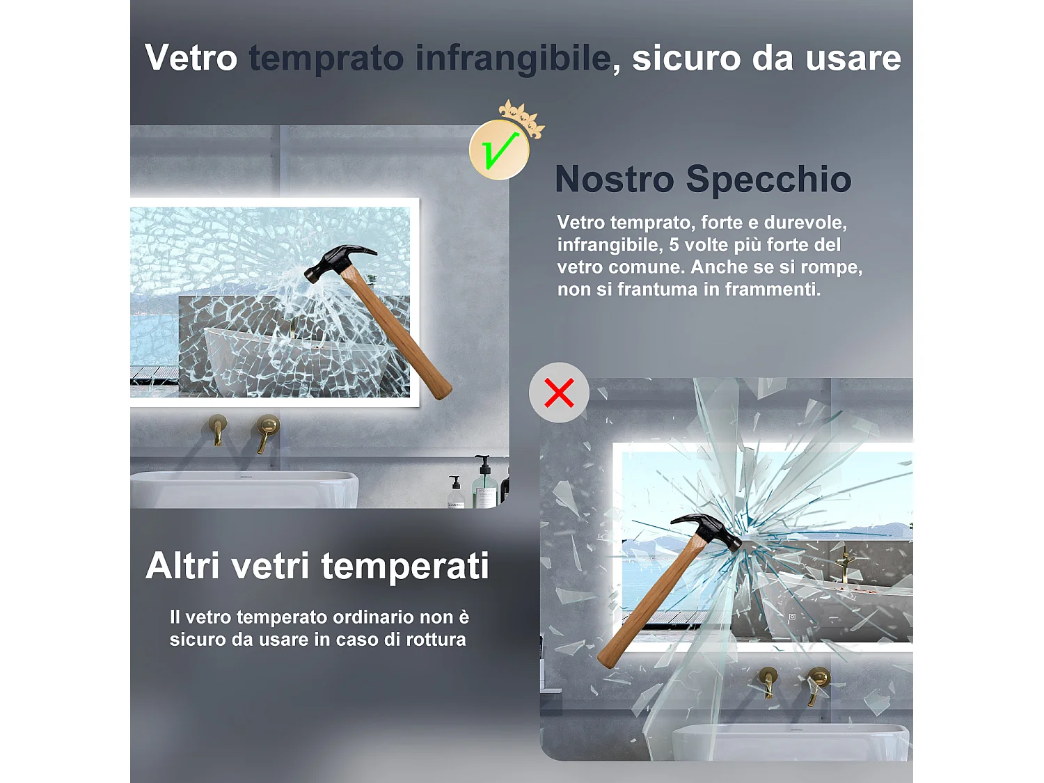 Specchio da bagno Rettangolare con 100x60cm,Memoria, Antifog,Regorabile,Retroilluminato,doppio interruttore,