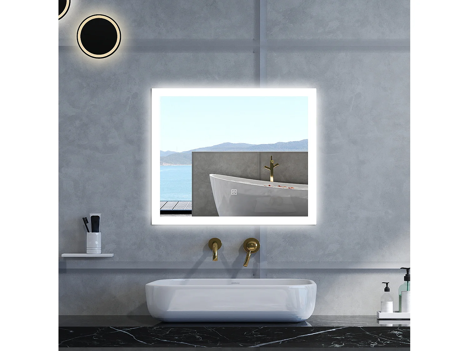 Specchio da bagno Rettangolare con 60x50cm,3 colori,Memoria, Antifog,Regorabile,Retroilluminato,doppio interruttore,