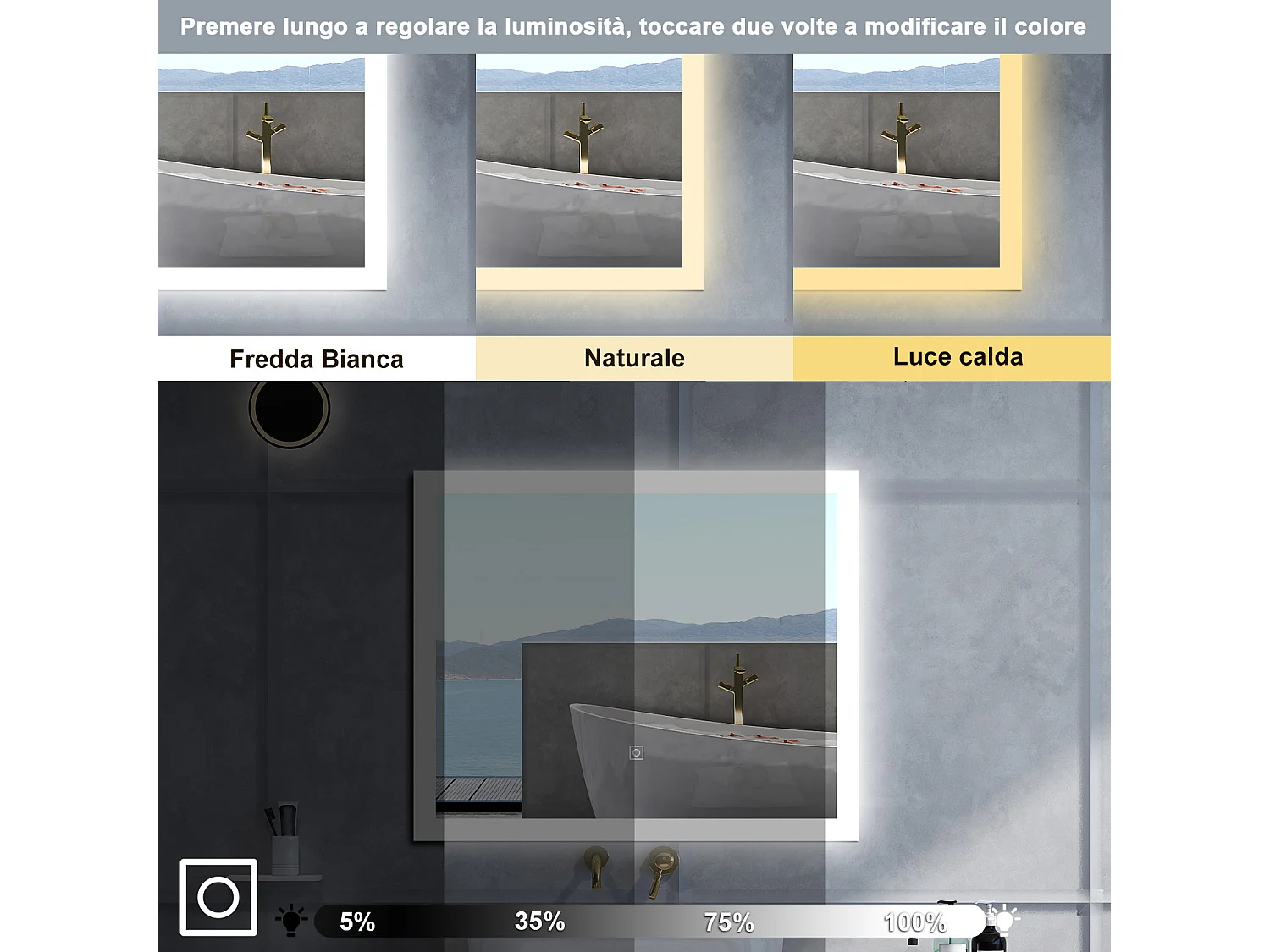 Specchio da bagno Rettangolare con 60x50cm,3 colori,Memoria, Antifog,Regorabile,Retroilluminato,doppio interruttore,