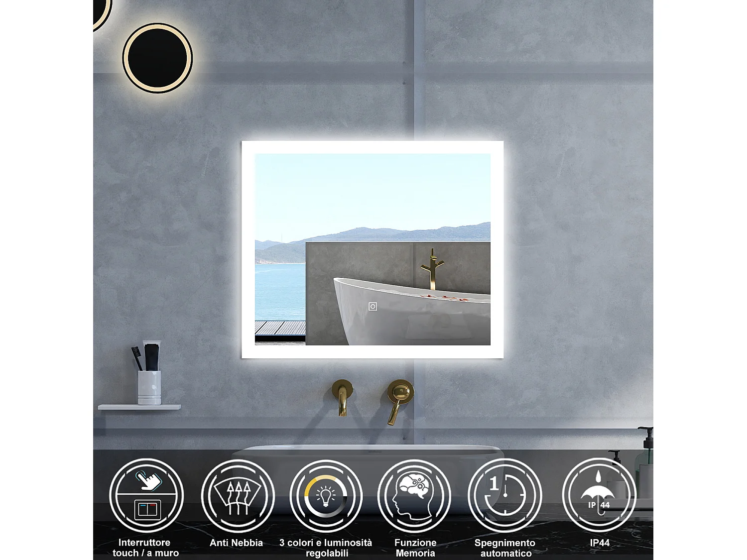 Specchio da bagno Rettangolare con 60x50cm,3 colori,Memoria, Antifog,Regorabile,Retroilluminato,doppio interruttore,