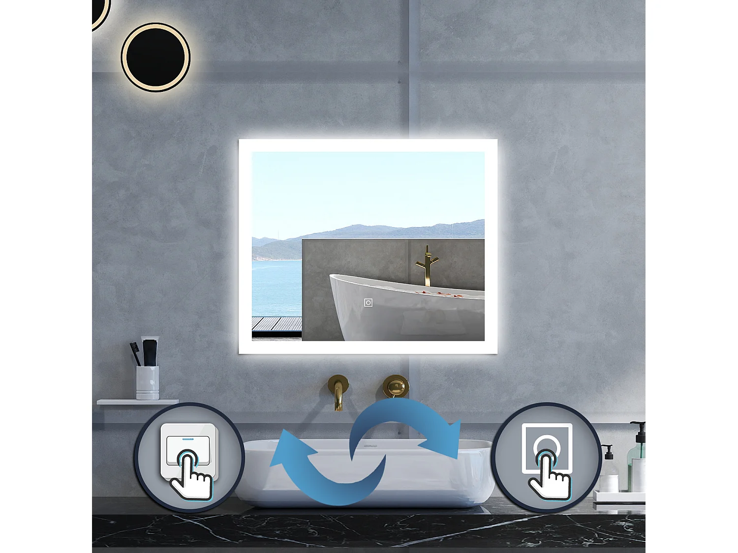 Specchio da bagno Rettangolare con 60x50cm,3 colori,Memoria, Antifog,Regorabile,Retroilluminato,doppio interruttore,