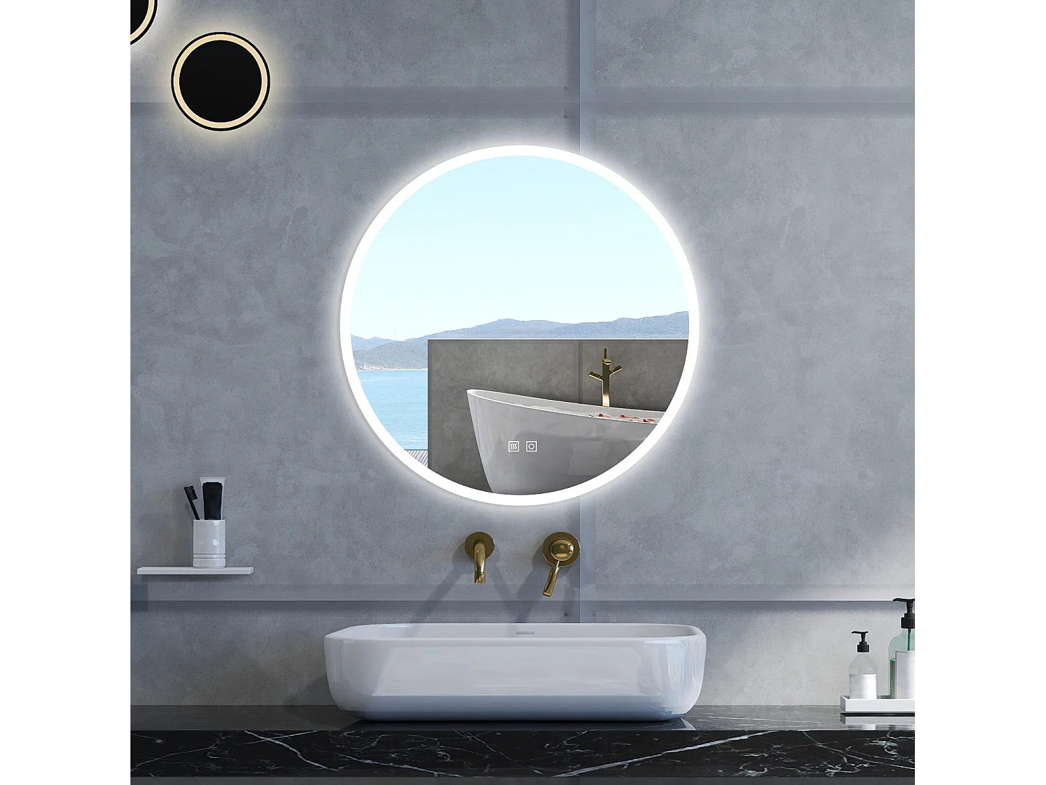 Specchio da bagno Rotondo con 70cm,3 colori,Memoria, Antifog,Regorabile,Retroilluminato,doppio interruttore,